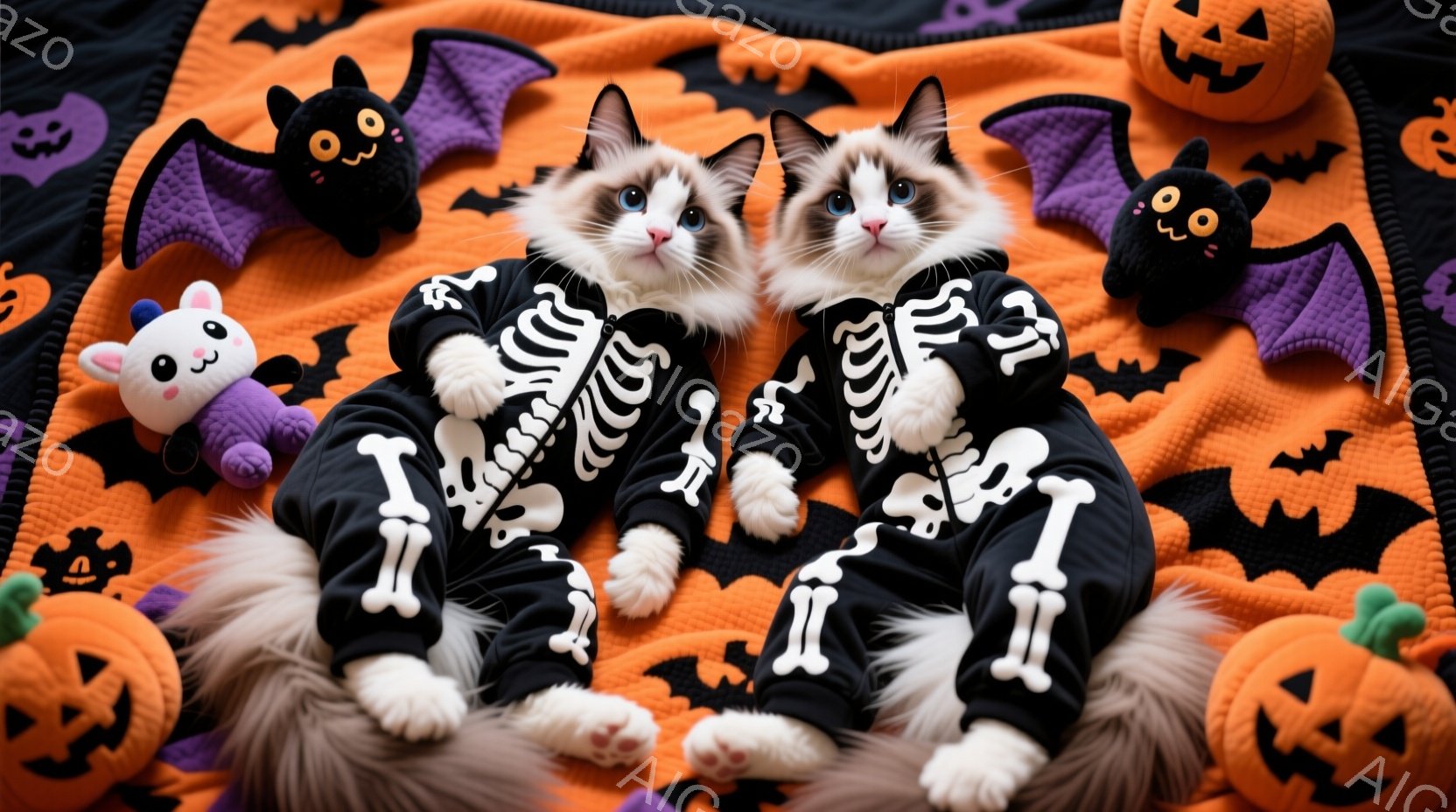 白い毛並みで愛らしい子猫たちが、ハロウィーンをテーマにした衣装を着ています。黒い背景に白骨模様が描かれたジャンプスーツ姿で、お座りをしてこちらを見ています。背景にはオレンジ色のカボチャや黒いコウモリのぬいぐるみがあり、ハロウィーンの楽しい雰囲気を演出しています。