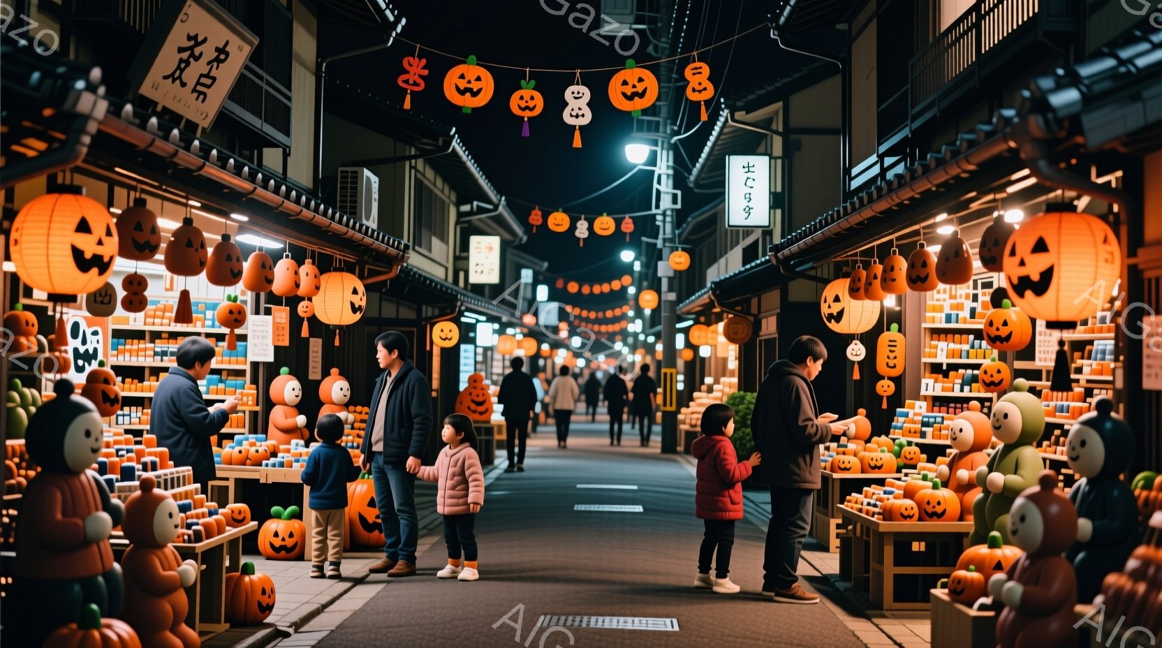石畳の路地に、ハロウィーンの提灯やカボチャの置物が並び、お祭り気分を盛り上げています。人々は冬物と思われるコートやセーターを着ており、家族連れが店を見て回ったり、立ち話を楽しんだりしています。古い建物 - AI生成フリー素材