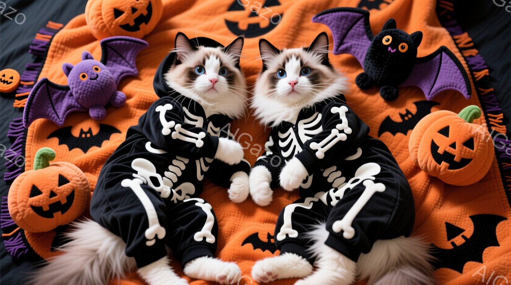 白と黒の毛並みを持つ猫が、ハロウィーンをテーマにした衣装を着て、オレンジ色の背景に囲まれています。猫は骨柄がデザインされた黒いジャンプスーツを着て、リラックスした姿勢で座り、カメラを見て好奇心旺盛な表 - AI生成フリー素材