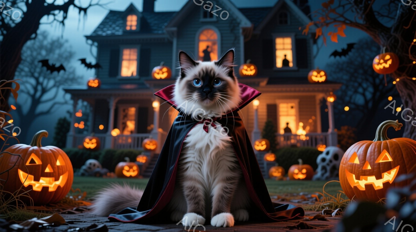 白くてふわふわの猫が、ハロウィーン用の赤いマントと襟を付けて座っています。背景には、たくさんのジャック・オ・ランタンで飾られた、暗くて不気味な屋敷があり、黒いシルエットのコウモリが飛び交っています。全体的に、秋の夜の神秘的で楽しいハロウィーンの雰囲気が漂っています。