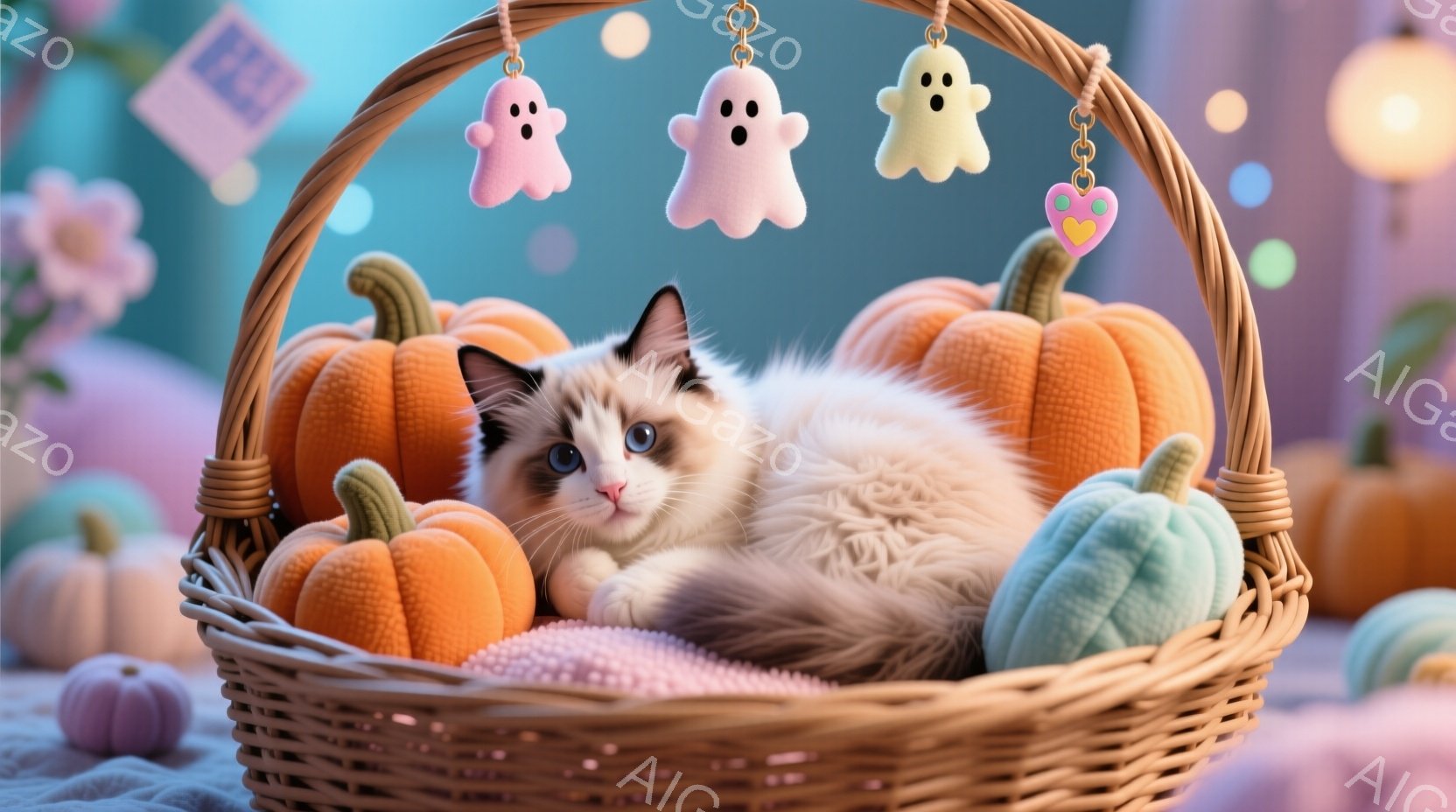 白い毛並みと青い目を持ち、茶色の模様が入った子猫が、オレンジと水色のカボチャに囲まれた籐のバスケットの中で丸まって眠っています。背景には、淡いピンク色の花や、ハロウィーンの飾りがぼんやりと見え、全体的に暖かく、夢のような雰囲気が漂っています。カボチャと子猫の組み合わせは、秋の穏やかさと可愛らしさを表現しています。