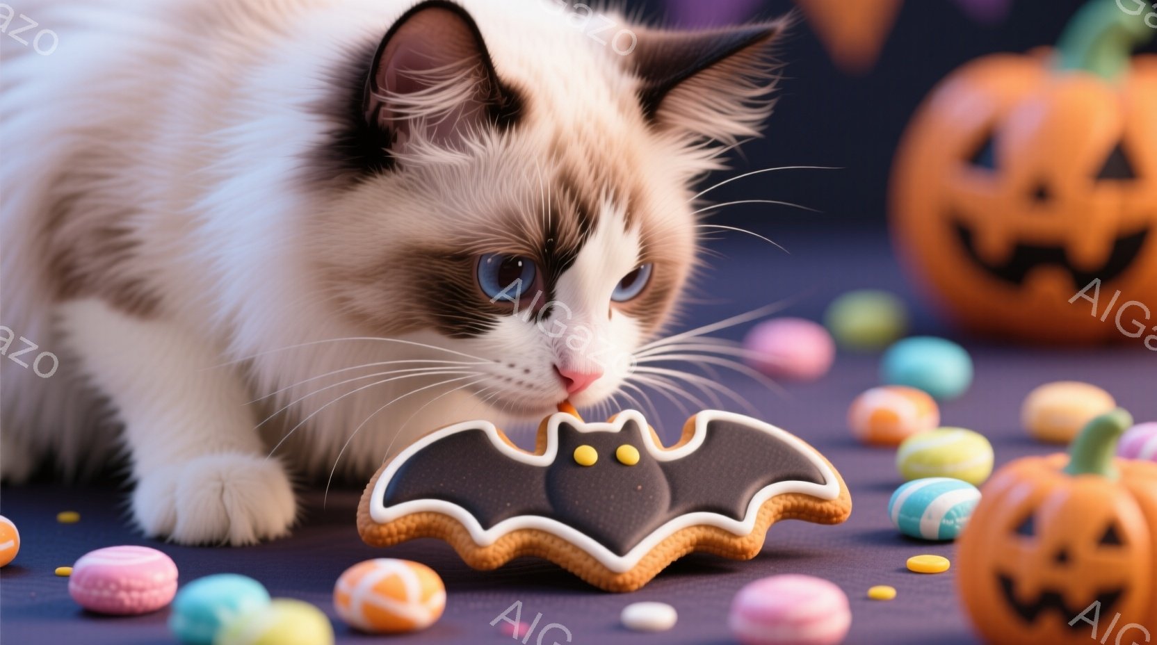 白い毛並みと青い瞳を持つ子猫が、コウモリの形をしたクッキーに顔を近づけている様子が描かれている。背景には、カラフルなキャンディーやハロウィーンの飾りのカボチャが散りばめられ、秋の趣のある雰囲気を醸し出 - AI生成フリー素材