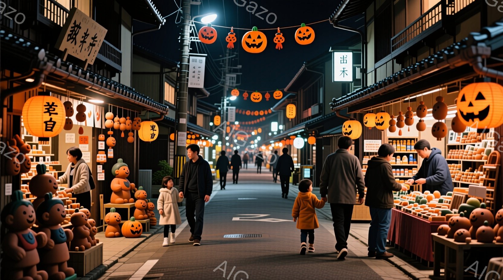 石畳の道沿いに、ハロウィーンの飾り付けがされた古い街並みが広がっています。人々は様々な冬物やハロウィーングッズを売る店を通り過ぎ、暖かい照明の下を歩いています。多くの人が冬のコートやジャケットを着てお - AI生成フリー素材