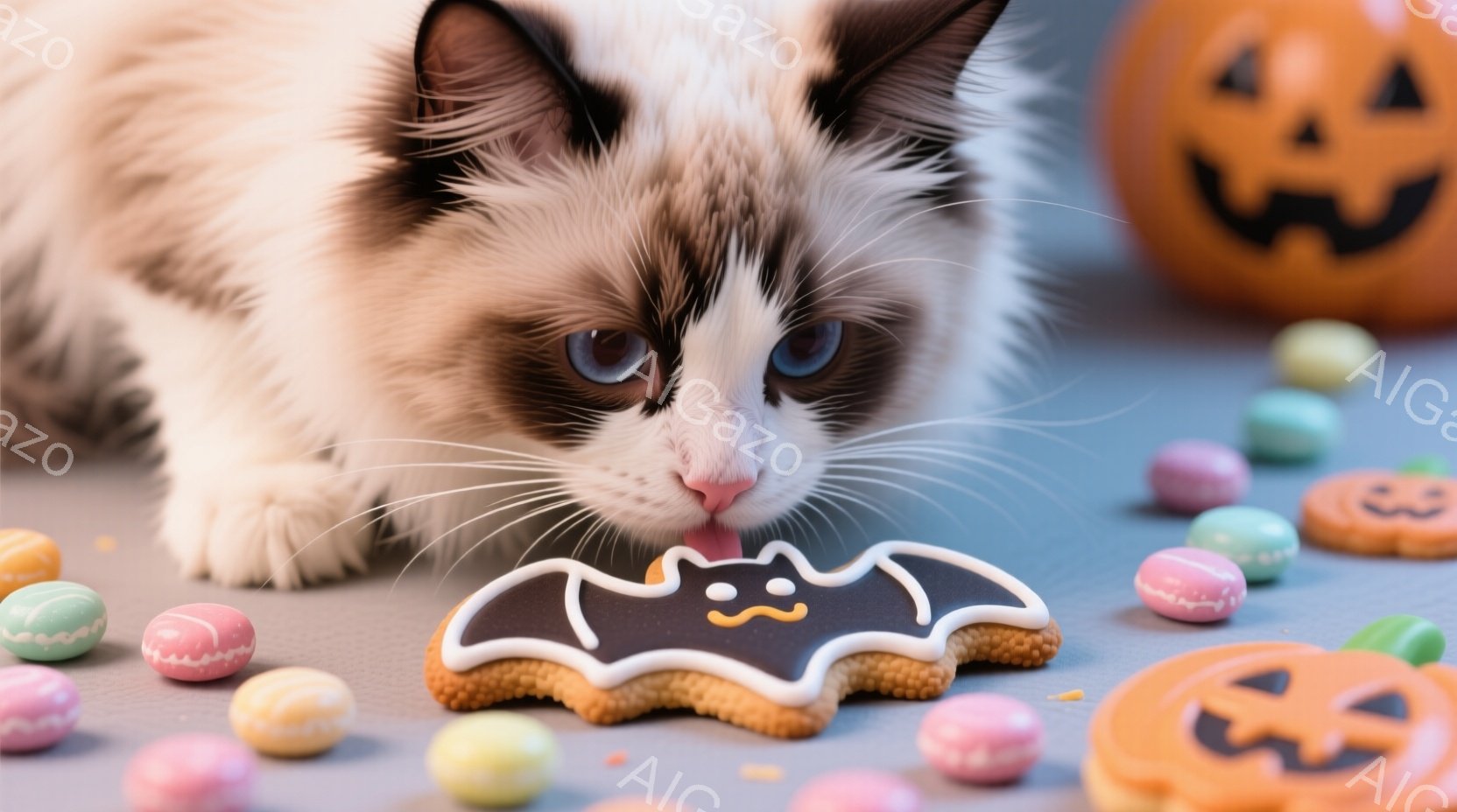 白と茶色の模様の猫が、ハロウィーンをテーマにしたクッキーに舌を伸ばそうとしています。背景には、カラフルなキャンディーと、ジャック・オ・ランタンの置物が散りばめられており、秋らしい雰囲気を醸し出しています。猫は好奇心に満ちた表情で、お菓子に夢中になっている様子が伺えます。