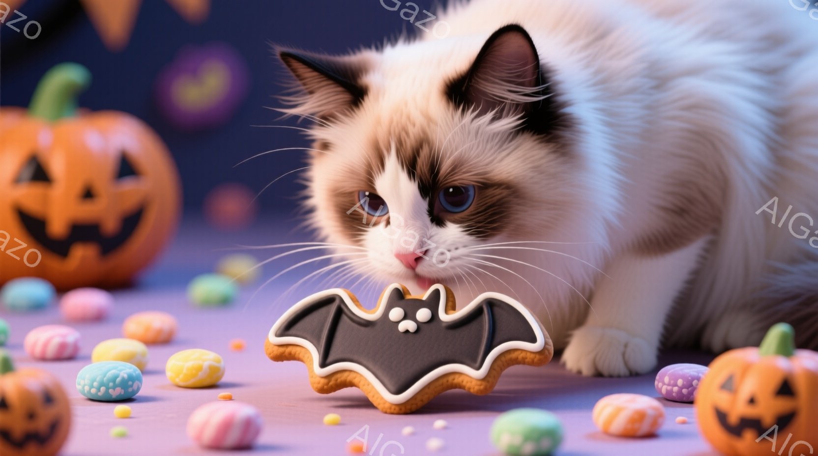 白と茶色の毛並みを持つ猫が、ハロウィーンを連想させるクッキーを口元に近づけています。背景には、カラフルなキャンディとジャック・オ・ランタンが配置され、お祭り気分を盛り上げています。猫の表情は穏やかで、 - AI生成フリー素材