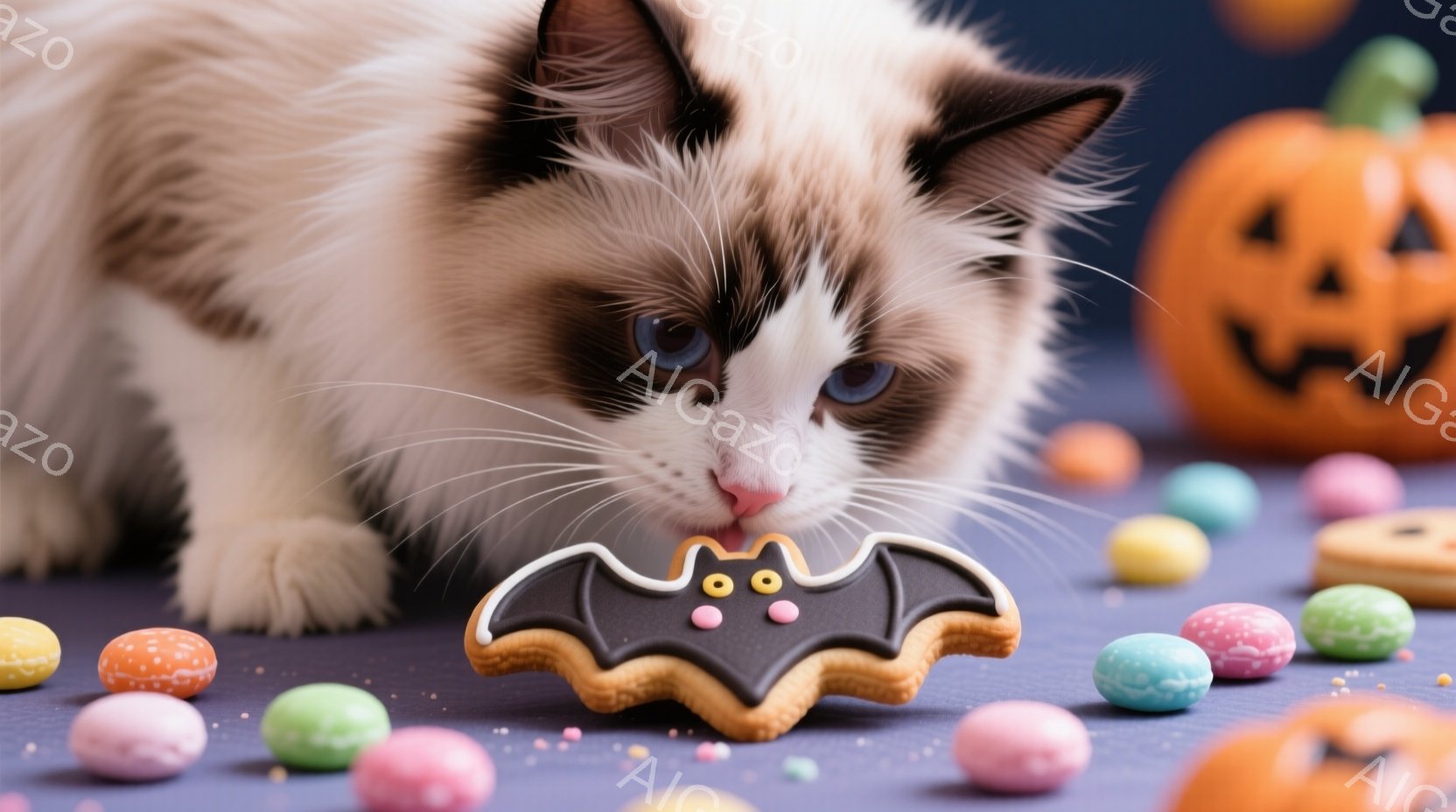 白と茶色のバイカラーの猫が、ハロウィーンのバット型クッキーに鼻を近づけています。背景には、カラフルなキャンディと、ジャック・オー・ランタンが散りばめられ、ハロウィーンの雰囲気を作り出しています。猫は好奇心旺盛な表情でクッキーを見つめ、可愛らしい様子が印象的です。