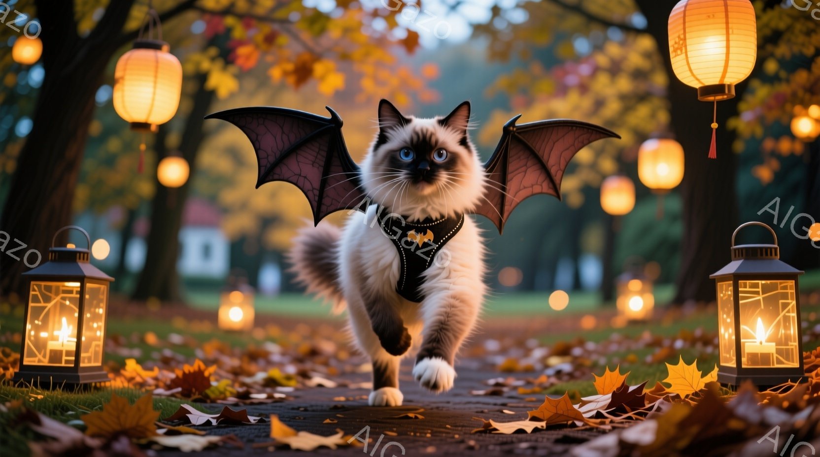 猫が描かれており、その身には「バットマン」のコスチュームを着けたような姿勢で立ちます。猫は目玉としっぽを持っており、これらのパーツがウィングに見えるように設計されています。 背景は秋の景色で、紅葉が散りばめた庭園のような場所を示しています。雰囲気としては、「バットマン」に扮したキャラクターが冬のシーンであることが突出されています。