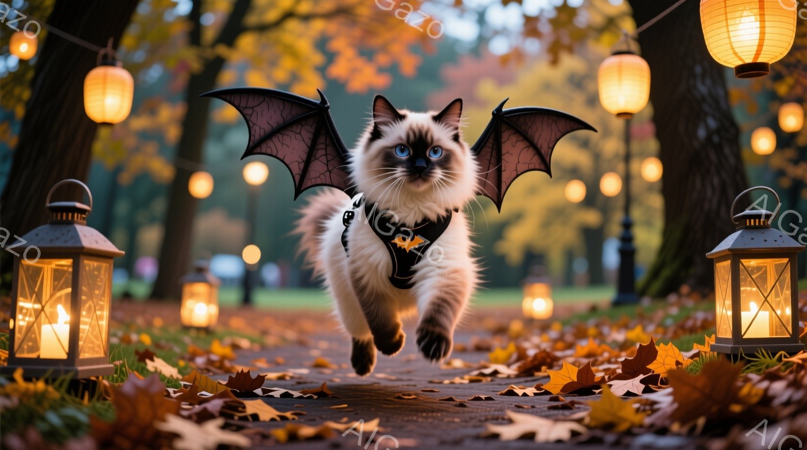 白と茶色の猫が、ハロウィーン用の蝙蝠の翼とベストを着て、落ち葉が散らばる遊歩道を勢いよく走っている。背景には、キャンドルが灯されたランタンが並び、秋の夕暮れ時の暖かく幻想的な雰囲気を醸し出している。木 - AI生成フリー素材