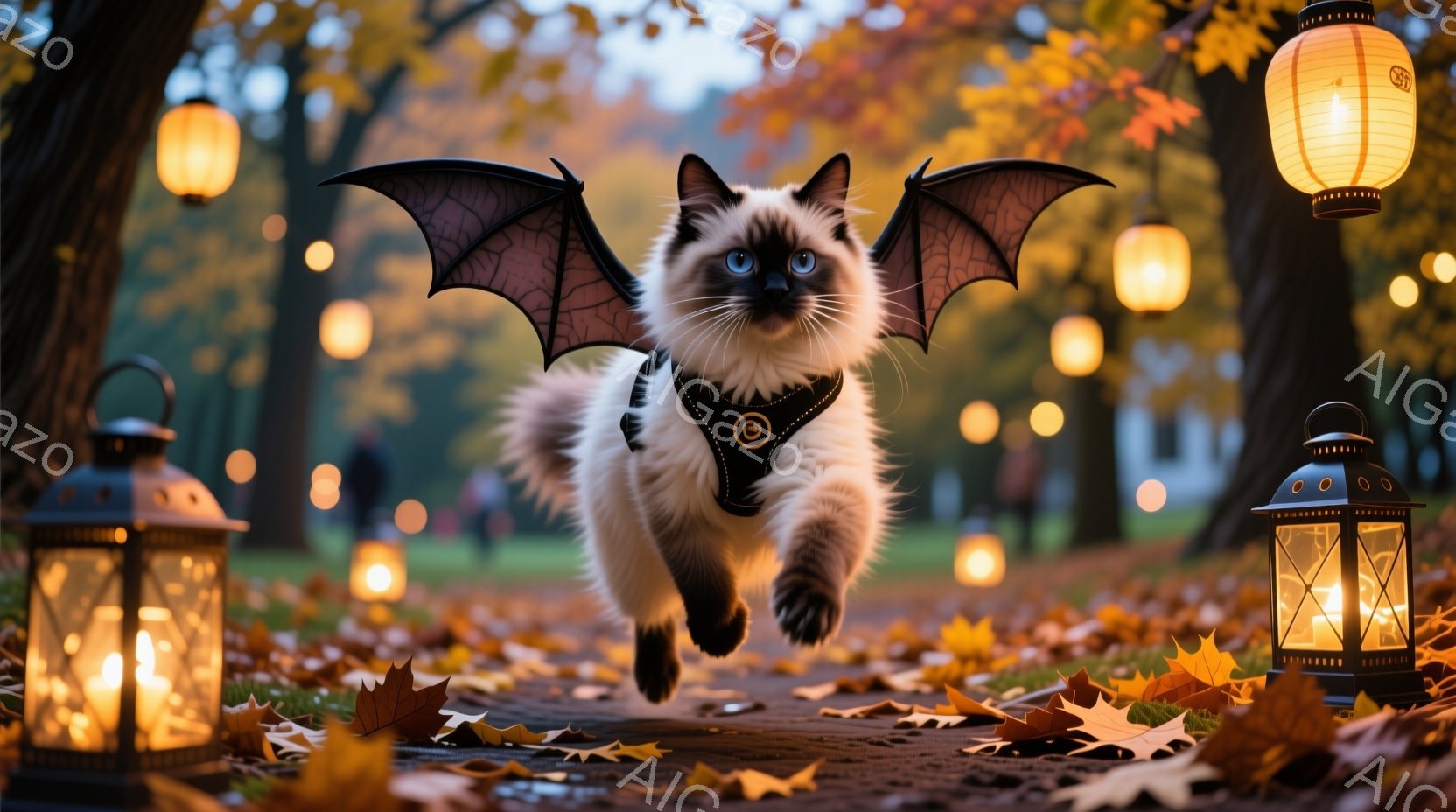 茶色の落ち葉が敷き詰められた遊歩道を、翼をつけた子猫が躍動的に駆けている。子猫はクリーム色と茶色の毛並みで、黒いハーネスと蝙蝠のような翼を身に着けており、まるで空を飛んでいるように見える。背景には、ぼんやりとした建物と木々、そしてオレンジ色の灯りが並び、秋の暖かく幻想的な雰囲気を醸し出している。
