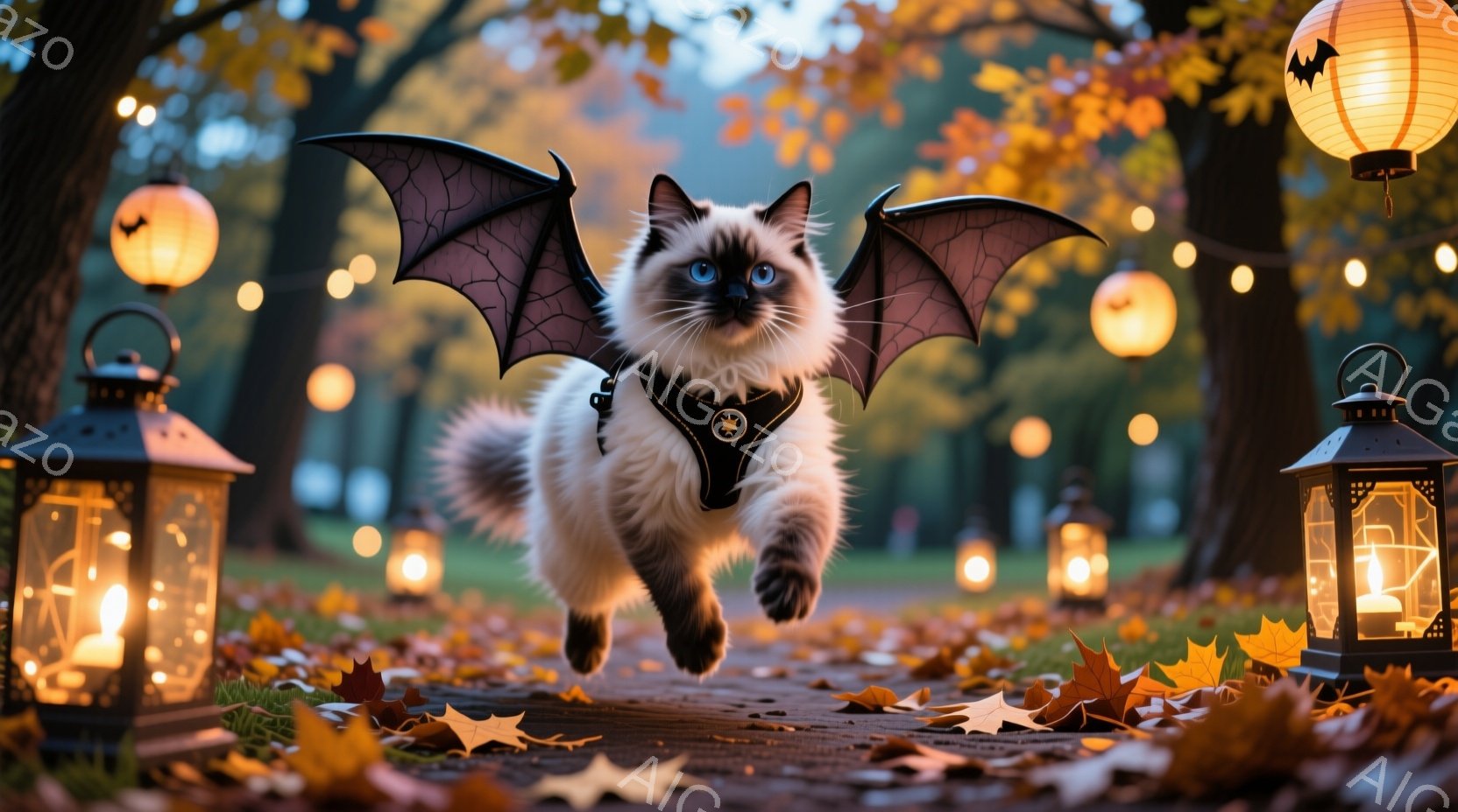 白とクリーム色の毛並みの猫が、黒い翼を付けて遊歩道を走っている。猫はハーネスを着けており、表情は楽しそうで、周りには散った紅葉と、ハロウィーンを思わせる明かりを灯したランタンが並んでいる。背景には木々が見え、秋の穏やかで幻想的な雰囲気を醸し出している。