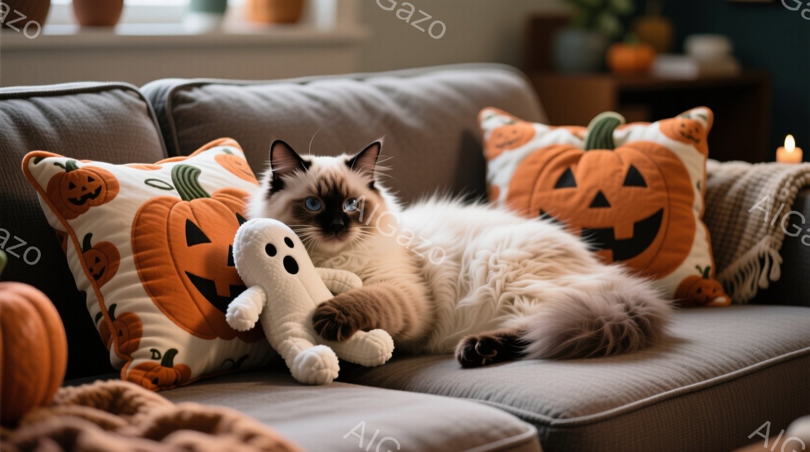 白と茶色の毛並みを持つ猫が、ハロウィーン柄のクッションに囲まれた灰色のソファに横たわっています。猫はリラックスした様子で、小さな白い幽霊のぬいぐるみを抱きかかえています。背景には、オレンジ色のカボチャ - AI生成フリー素材