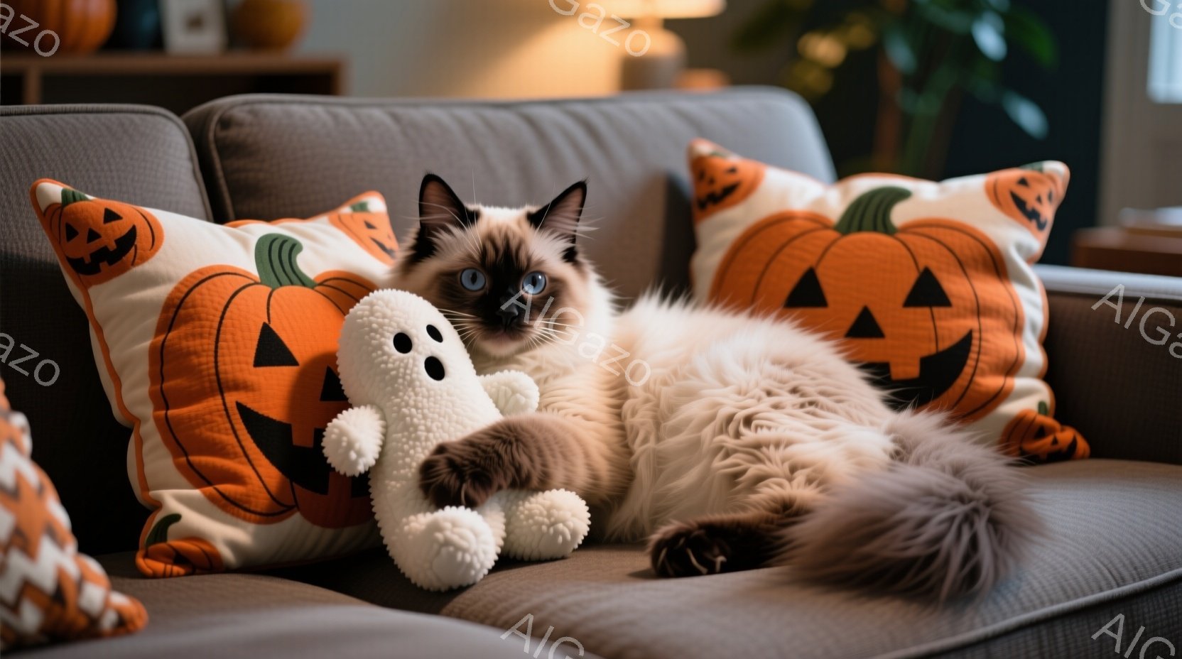 ソファの上で、美しいシャムミックスの猫がリラックスして横たわっています。猫はふわふわの毛並みで、青い目が印象的です。背景にはハロウィーン風のオレンジ色のカボチャ柄のクッションがあり、小さな白いお化けのぬいぐるみも添えられています。