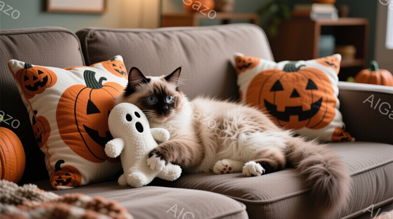 長い毛並みのクリーム色の猫が、ハロウィーン柄のクッションに寄りかかって横たわっています。猫は片足を白いお化けのぬいぐるみにつけて、リラックスした表情でこちらを見ています。背景には、オレンジ色のカボチャ - AI生成フリー素材