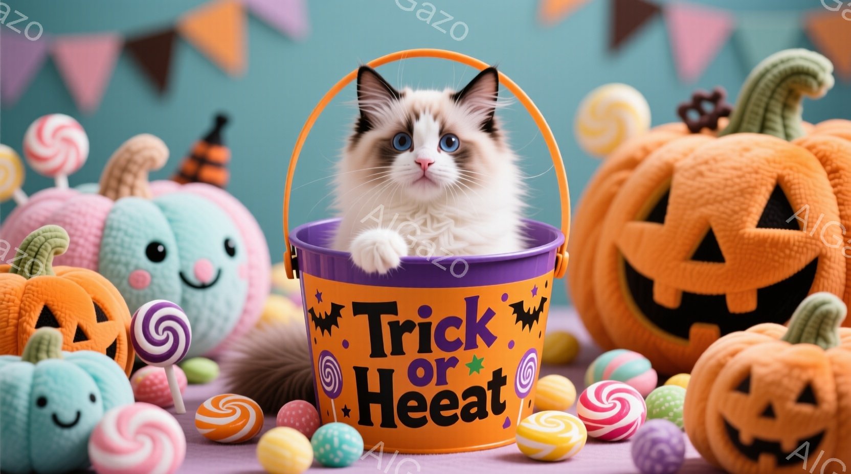 白とオレンジ色の斑点模様の小さな子猫が、紫色の「トリック・オア・トリート」と書かれたカゴに入ってこちらを見ている。背景には、様々なキャンディや、可愛らしい表情のハロウィーンのランタンが配置され、全体的に明るく楽しい雰囲気を醸し出している。ハロウィーンの装飾品はパステルカラーで統一されており、可愛らしさが際立っている。