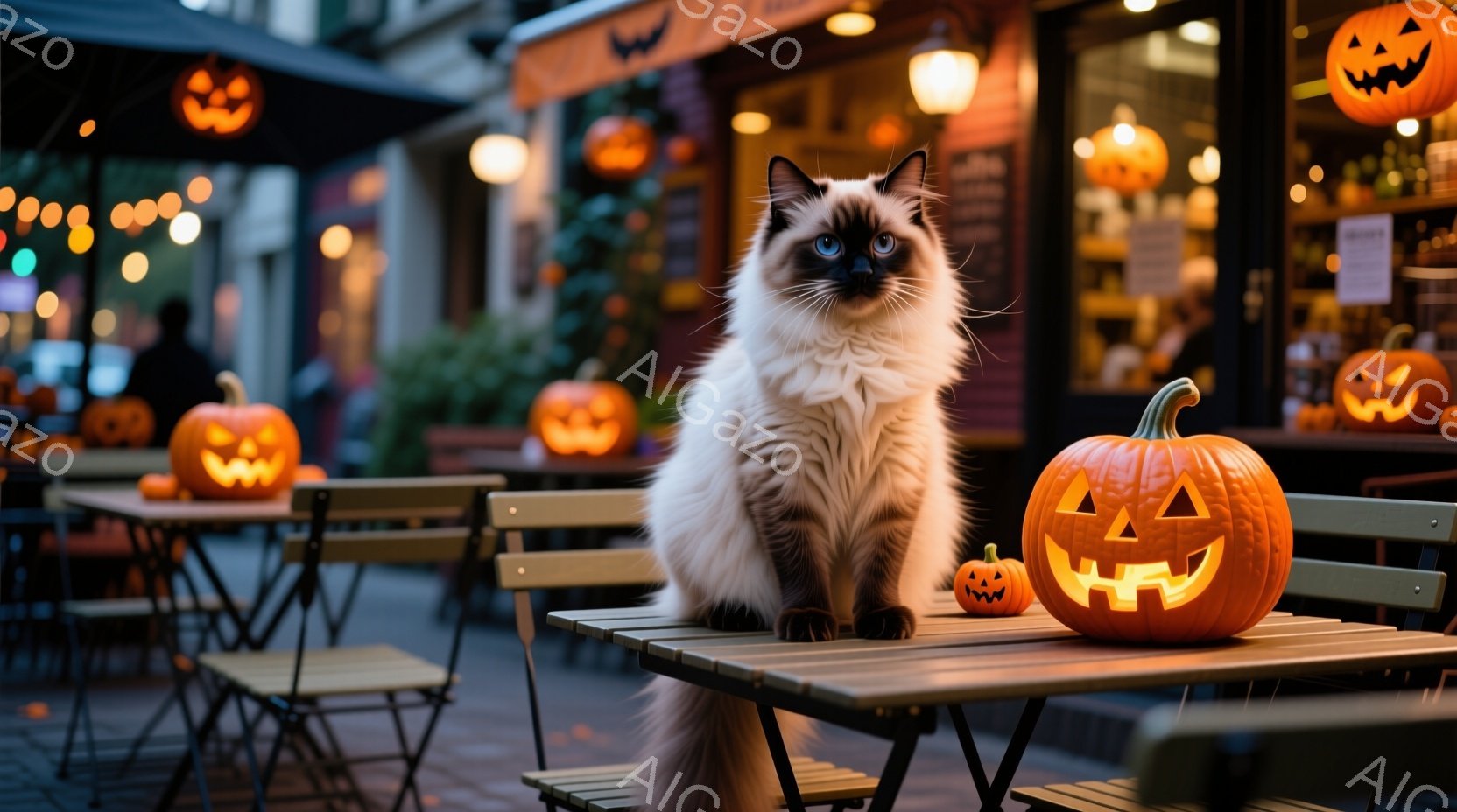 白い毛並みに青い瞳を持つラグドール猫が、ハロウィーンの装飾がされた屋外のテーブルに座っています。周りには様々な大きさのジャック・オ・ランタンが置かれ、背景にはぼんやりとした建物の明かりが見えます。全体的に暖かく、ハロウィーンらしい雰囲気で、夜の穏やかな時間を表現しています。