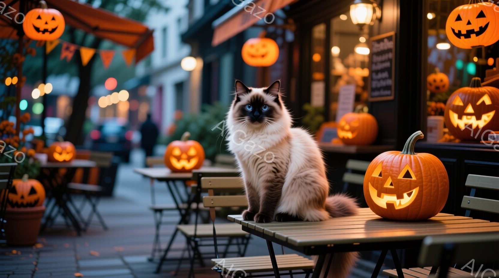 ハロウィンのテーマを持つ場所で、たくさんのオブジェが見られます。中央に座っている猫は「シスター」という品種で、毛色は茶と白であり、人間のような目を持っている。その表情はちょっと不思議な気がするが、平和そして見知らぬ空間における冷静さが感じられます。周りには多くのオブジェがあり、この場所ではハロウィンを迎える準備が進んでいるように見えます。