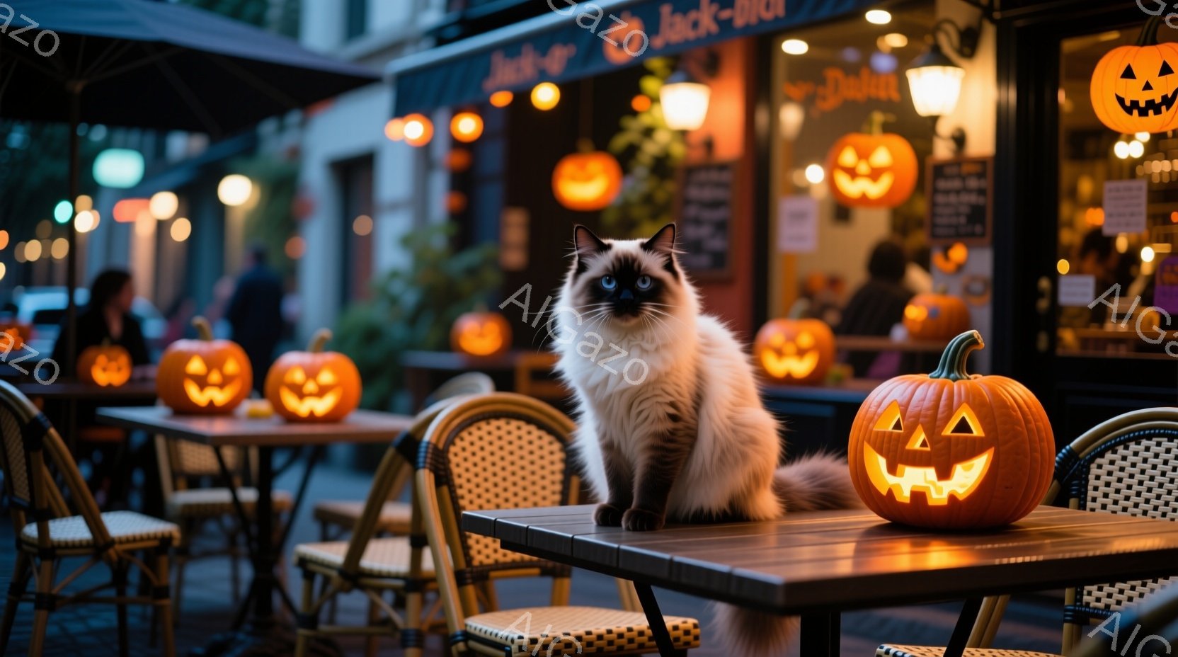 ハロウィーンの装飾が施されたカフェの屋外席に、美しいシャム猫が優雅に座っている。背景には、ほくほくと光るジャック・オー・ランタンが並べられ、暖かく幻想的な雰囲気を醸し出している。夜空の下、カフェは薄暗い光に包まれ、秋の夜長を感じさせる。