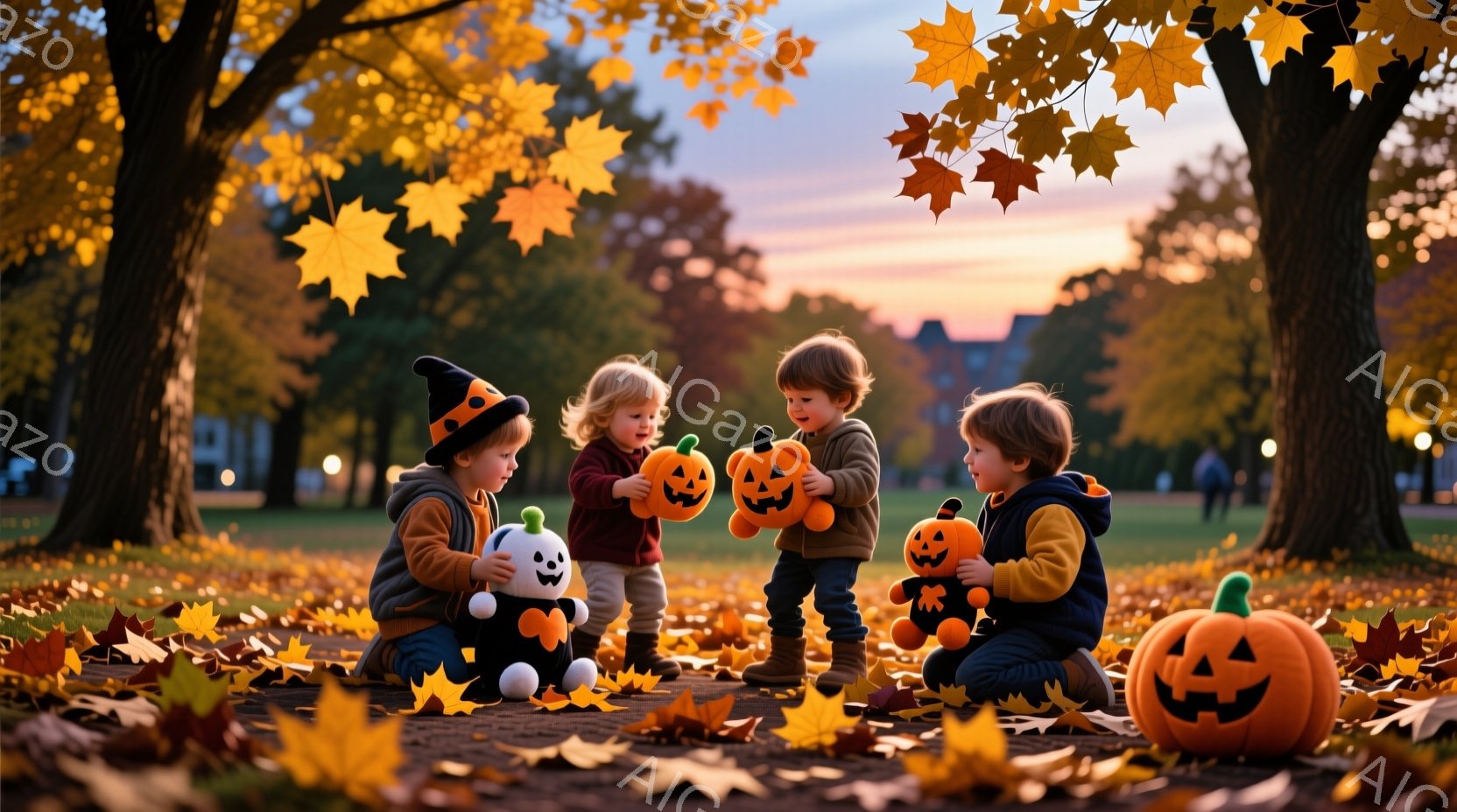 落ち葉が敷き詰められた公園で、ハロウィンの衣装を着た３人の子供たちが集まっている。それぞれがカボチャのぬいぐるみや、お化けのぬいぐるみを持っており、笑顔で楽しんでいるようだ。背景には、夕焼け空と、遠く - AI生成フリー素材