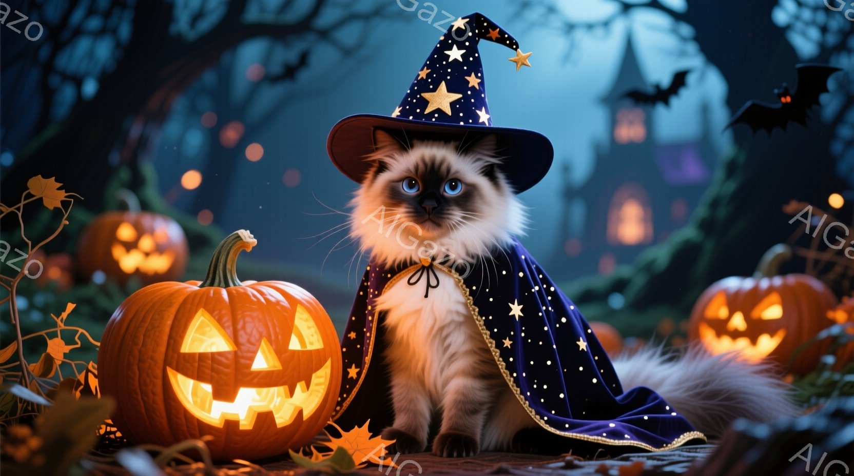 長毛の猫が魔女の帽子とマントを身につけ、微笑んでいます。背景にはジャック・オー・ランタンが複数配置され、遠くにシルエットで城が見え、落ち葉が散らばっています。全体的にハロウィーンの夜の神秘的で楽しい雰 - AI生成フリー素材