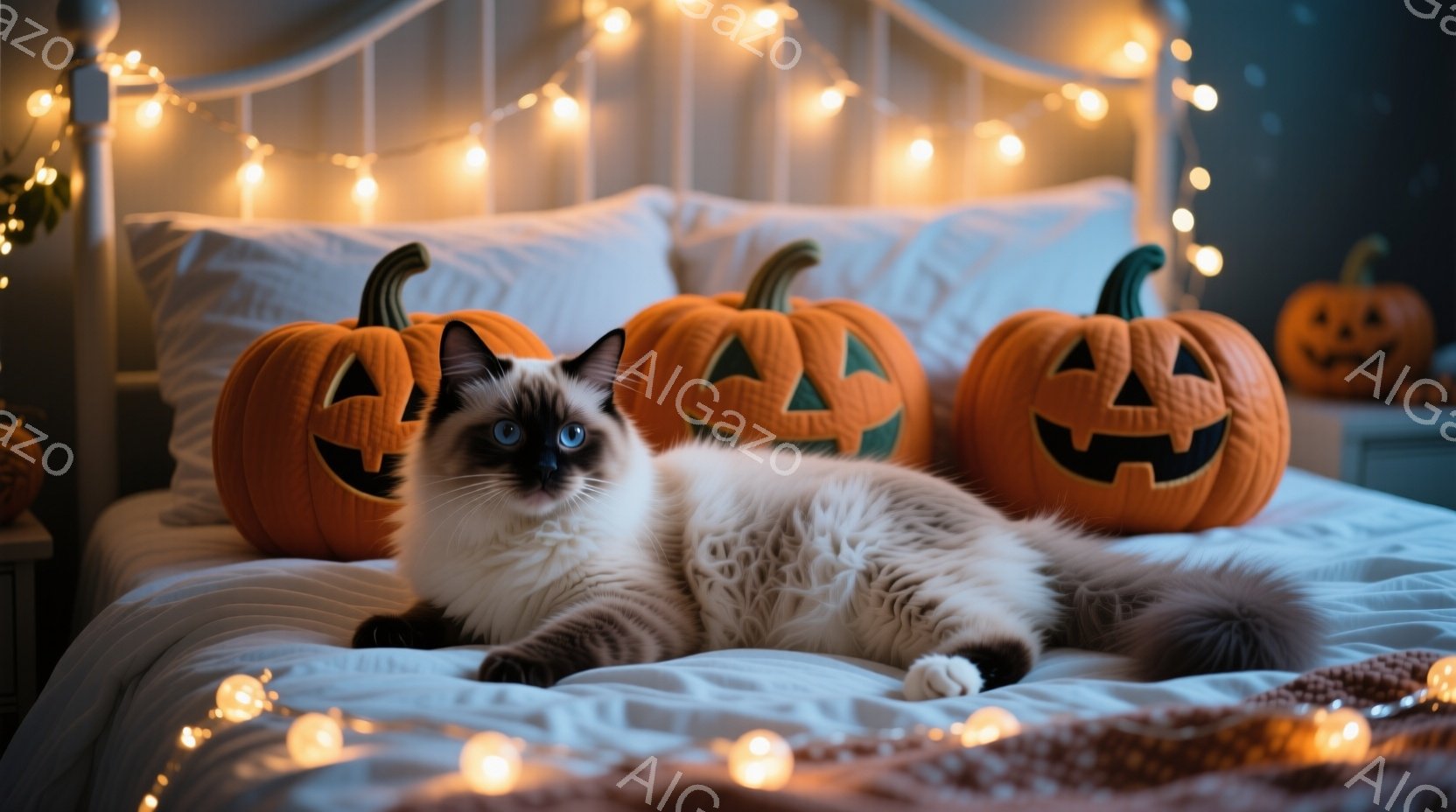 白いベッドの上に、美しいシャム猫が横たわっています。猫は青い目をしており、リラックスした様子で前足を伸ばして寝そべっています。背景にはハロウィーンのオレンジ色のジャック・オー・ランタンが置かれ、ベッド - AI生成フリー素材