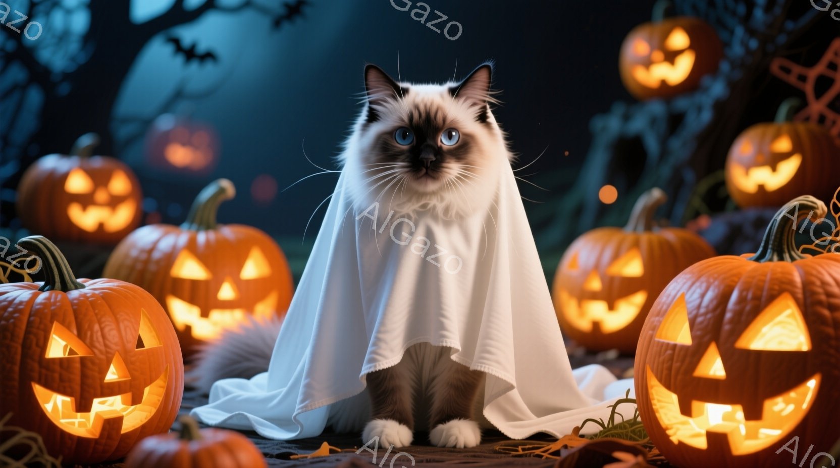 灰色の斑点模様の猫が、白い幽霊のような布を羽織って座っています。背景には、様々な大きさのジャック・オ・ランタンが光り、黒い木のシルエットと暗い空がハロウィンの夜の不気味な雰囲気を醸し出しています。猫は - AI生成フリー素材