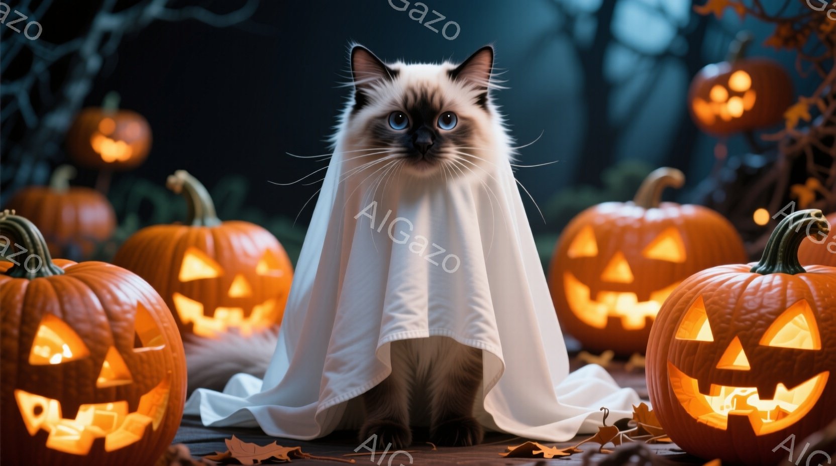 茶色のしま模様の猫が、白い布をまとい、ハロウィーンの飾り付けられたカボチャに囲まれています。猫は正面をまっすぐ見ており、少しいたずらっぽい表情を浮かべています。背景には、ぼんやりと見える木々と、オレン - AI生成フリー素材