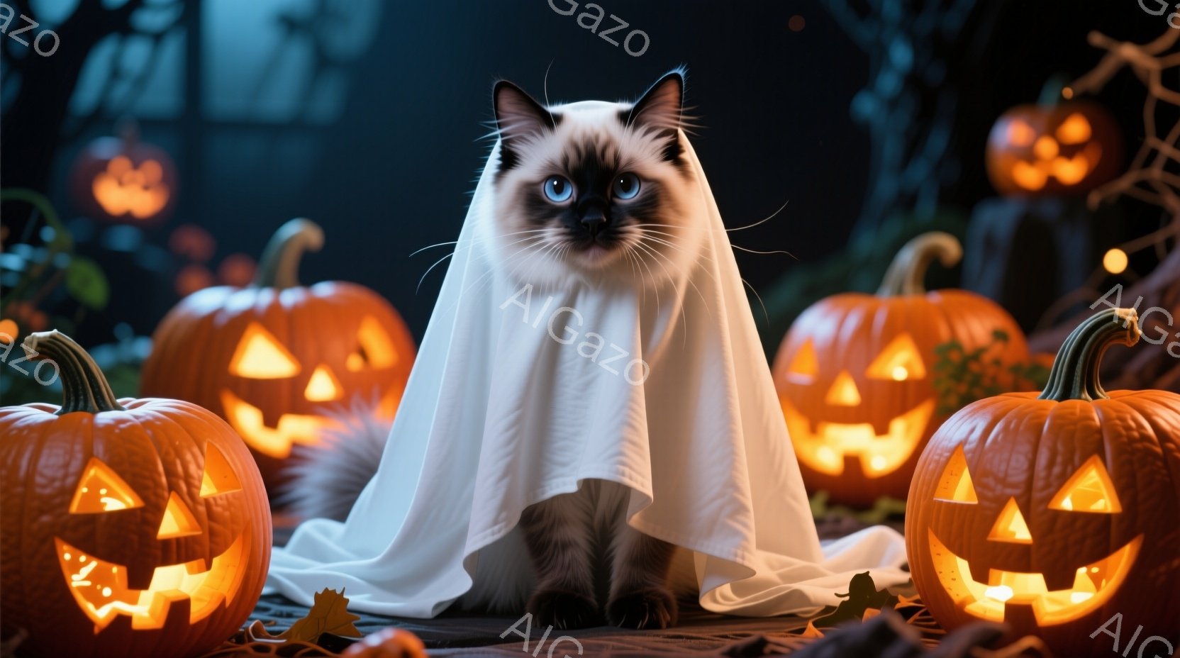 シーロの猫が白い布を身にまとい、ハロウィンの幽霊に変身しています。その周りには、不気味な笑顔で照らされたジャックオーランタンが並び、落ち葉が散らばる地面に座っています。背景には暗い木々が見え、全体的に少し不気味ながらも可愛らしいハロウィーンの雰囲気です。