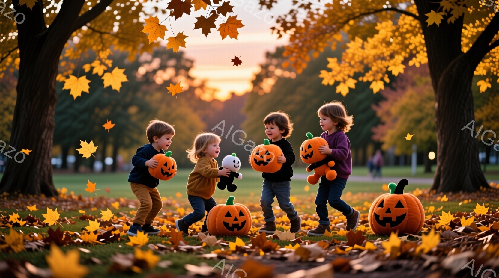 鮮やかな秋の公園で、幼い子供たちがハロウィンのカボチャのおもちゃを持って走っています。子供たちはそれぞれ異なる服装で、笑顔で楽しんでいる様子が伺えます。背景には木々が生い茂り、落ち葉が舞い、夕焼け空が - AI生成フリー素材