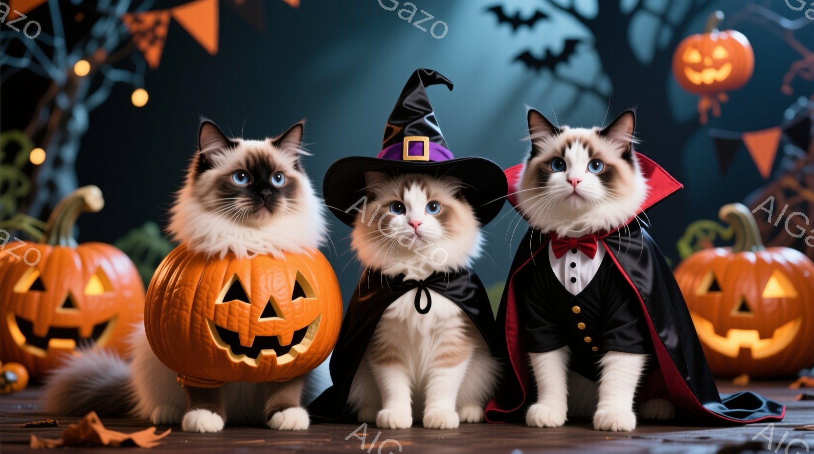 白い毛並みの猫が三匹、ハロウィーンの装飾と共に写っています。左の猫はカボチャの隣に座り、真ん中の猫は魔女の帽子をかぶり、右の猫はタキシードとマントを身に着けています。背景にはオレンジ色のガーランド、カボチャのランタン、そして暗い木々のシルエットが見られ、全体的にハロウィーンの楽しい雰囲気を醸し出しています。