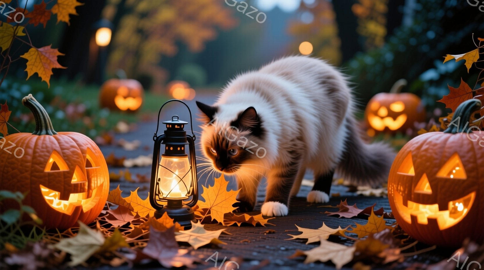 舗装された道に、ジャック・オ・ランタンと落ち葉が散らばり、ハロウィンの雰囲気を醸し出しています。白と茶色の猫が、点灯したランタンの近くを歩いており、好奇心と警戒心を交えた表情をしています。背景にはぼやけた木々が見え、夕暮れ時の暖かく幻想的な光が、秋の夜の静けさを強調しています。