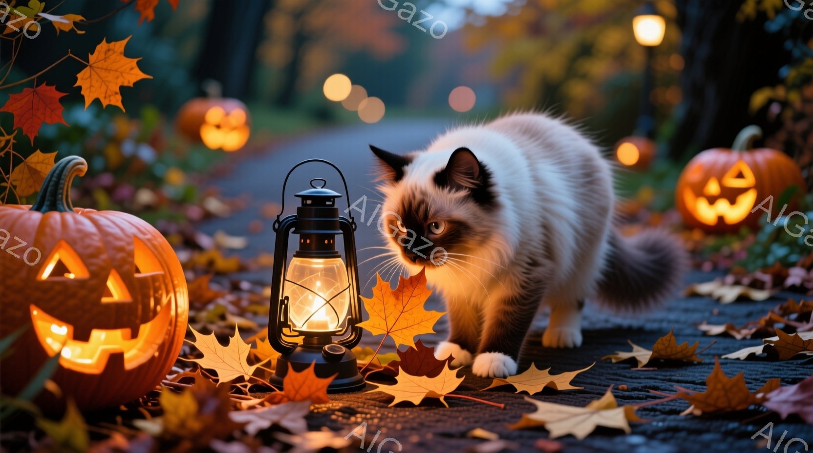 ハロウィーンの夜を思わせる、オレンジ色のカボチャのランタンと紅葉の葉が散りばめられた道に、白い足元の美しいシャム猫が歩いている。猫は何か興味深いものに気を取られているようで、少し身をかがめて前方を見つ - AI生成フリー素材