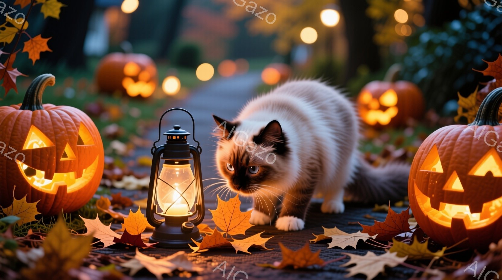 ハロウィーンの夜を思わせる光景で、彫刻されたジャック・オー・ランタンが並べられた石畳の道に、クリーム色のシャム猫が歩いている。猫は前足を前に出し、少し警戒した表情で何かを見つめているようだ。背景には、 - AI生成フリー素材