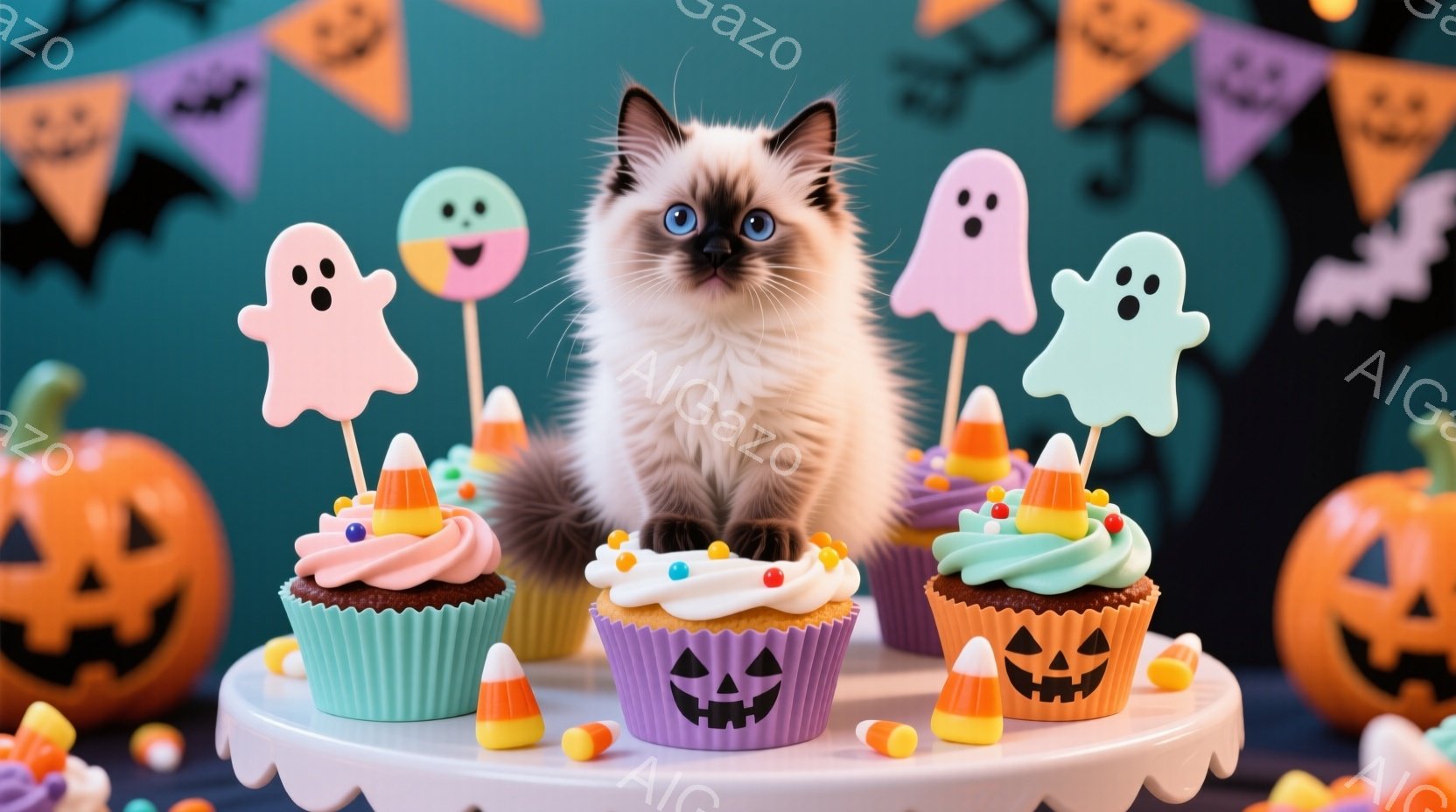 白とクリーム色の毛並みの、青い目をした子猫が、ハロウィーンをテーマにしたカップケーキの周りに座っています。カップケーキはオレンジ、紫、緑色で、お化けやカボチャの飾り、キャンディコーンがトッピングされて - AI生成フリー素材