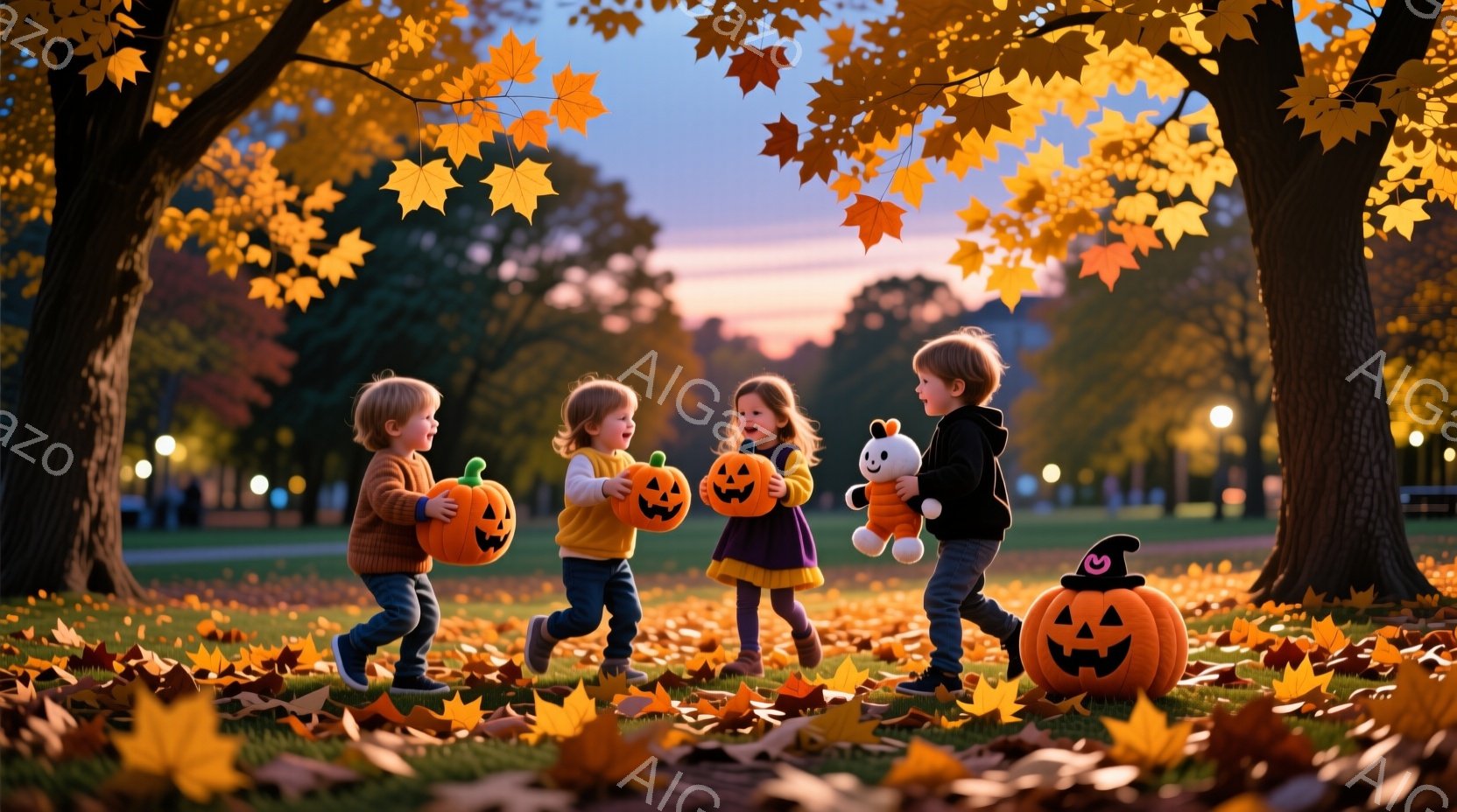 四人の幼い子供たちが、ハロウィーンの衣装を着て、それぞれカボチャのおもちゃや抱きしめるおもちゃを持って草原を駆け抜けている。背景には、夕焼け空の下、落ち葉が舞う木々と遠くに見える建物があり、秋の暖かい - AI生成フリー素材