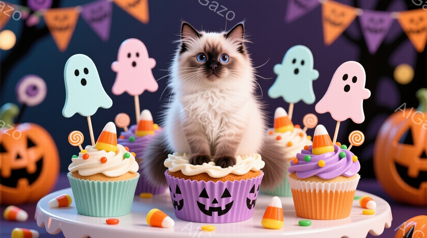 可愛らしい子猫が、ハロウィーンをテーマにしたカップケーキの上に座っています。背景には、オレンジ色のジャック・オー・ランタンや、お化けの飾り、カラフルなキャンディが散りばめられており、お祭り気分を盛り上 - AI生成フリー素材