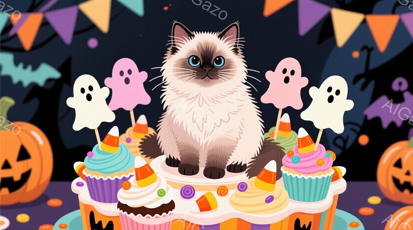 白い毛並みと青い目をした子猫が、カラフルなカップケーキの塔の上に座っています。背景にはオレンジと紫のハロウィーンの旗、ジャック・オー・ランタン、そして可愛らしいお化けの飾りがあり、お祭り気分が漂ってい - AI生成フリー素材