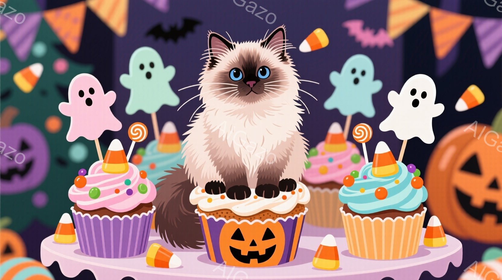 灰色の毛並みをした猫が、ハロウィーンをテーマにしたカップケーキのプラッターに座っています。背景には、お化け、カボチャ、キャンディコーンなどのハロウィーンの飾りがあり、お祝いの雰囲気です。全体的に明るく - AI生成フリー素材