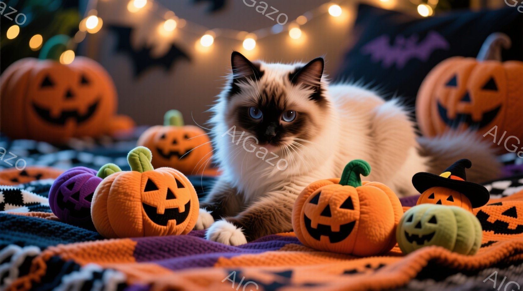白い毛並みにポイントカラーが入った美しい猫が、ハロウィーンの装飾に囲まれてリラックスして横たわっています。オレンジと紫のチェック柄の布の上に、様々な大きさのジャック・オー・ランタンのぬいぐるみが置かれ、背景にはぼんやりとハロウィーンらしい装飾が見えます。暖色系の照明と装飾が、猫の優雅さとハロウィーンの楽しい雰囲気を引き立てています。