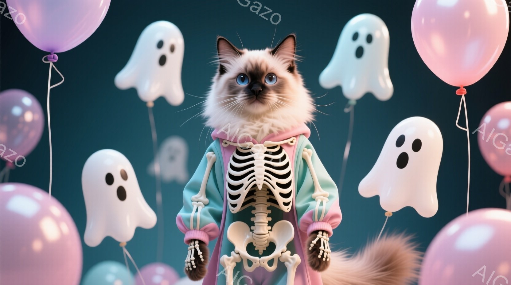 楽しいとも恐ろしいとも言える、ハロウィンテーマの写真です。中央には、フランスボルドコート（フレンチブルドッグ）という種類の猫が描かれています。その猫は胸から上半身まで完全に白く、下半身が青で白目が開いたような表情をしています。猫はフレンチブルドッグのような毛色とマニキュアートスタイルの髪型を持っており、紙風船を持っているように見えます。 バックグラウンドは、禁忌なハロウィンパーティの要素であるフランケンシュタインの秘密基地を模しています。紫色の空には散りばめられた、恐ろしい形をした白いフランケンシュタインの風船が浮かんでおり、その周りには泡や煙が漂っています。恐ろしくも楽しい雰囲気を呈し、特別なイベントのようなアートスタンスを示唆しています。