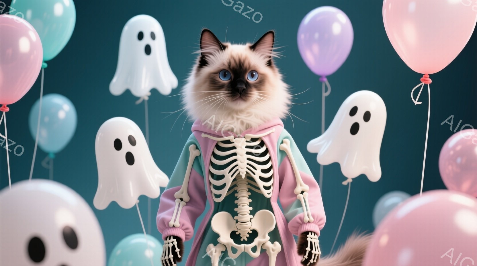 長毛の猫がハロウィーンをテーマにした衣装を着ています。ピンクとライムグリーンのパーカーには骸骨のプリントがあり、猫のふわふわとした毛並みと対照的です。背景には、パステルカラーの風船や可愛らしいゴースト - AI生成フリー素材