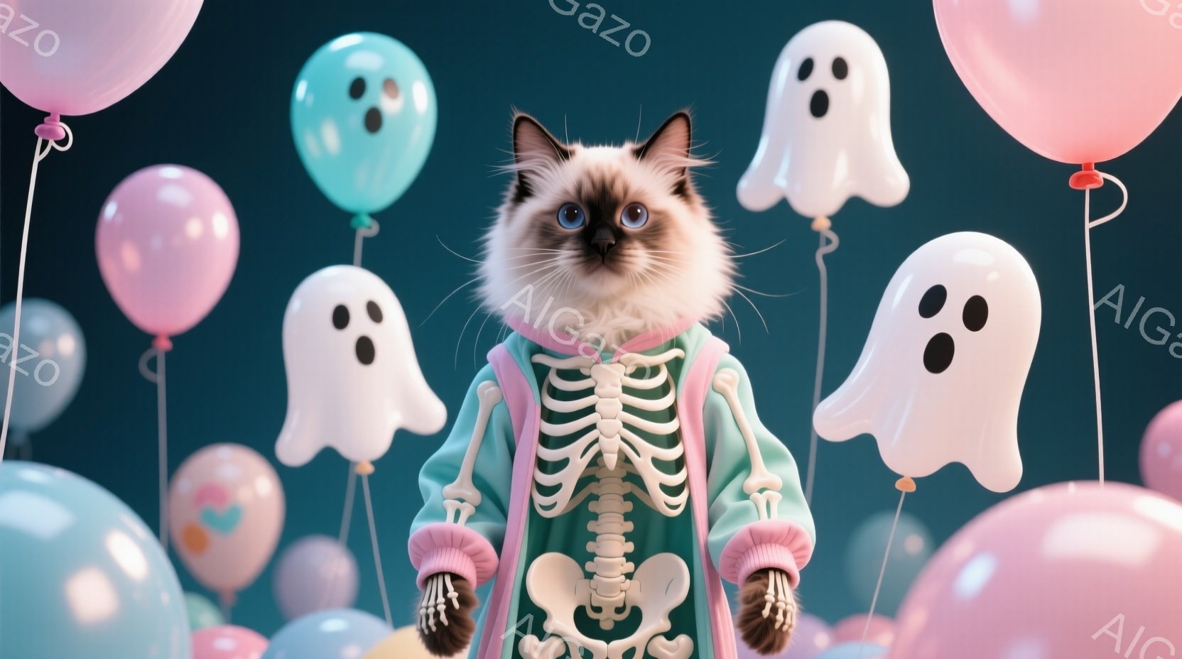 白い毛並みを持つ猫が、緑色のオーバーオールと骨格を模したデザインの衣装を着て立っています。猫は正面を見据え、少し驚いたような表情をしています。背景には、様々な色の風船や可愛らしい幽霊が浮かび、ハロウィ - AI生成フリー素材