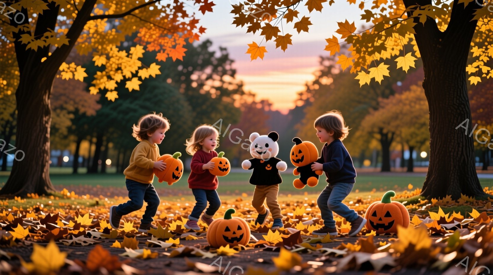 葉が散り敷かれた公園で、ハロウィンの衣装を着た３人の子供たちが楽しそうに走っている。彼らはそれぞれカボチャの形をしたおもちゃやぬいぐるみを持っており、秋の暖かい日差しの中で笑顔を見せている。背景には木 - AI生成フリー素材