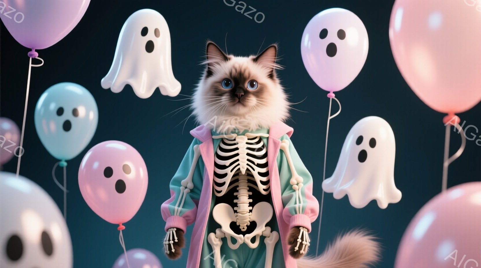 この、青白い姿勢をとる人形が描かれています。その人形は、組み合わせた骨格、臍部分、および粉状物質で構成されています。彼らは、霊的なパーティに参加しているかのように、透明なバルロンと紫色のフラスコを持っ - AI生成フリー素材