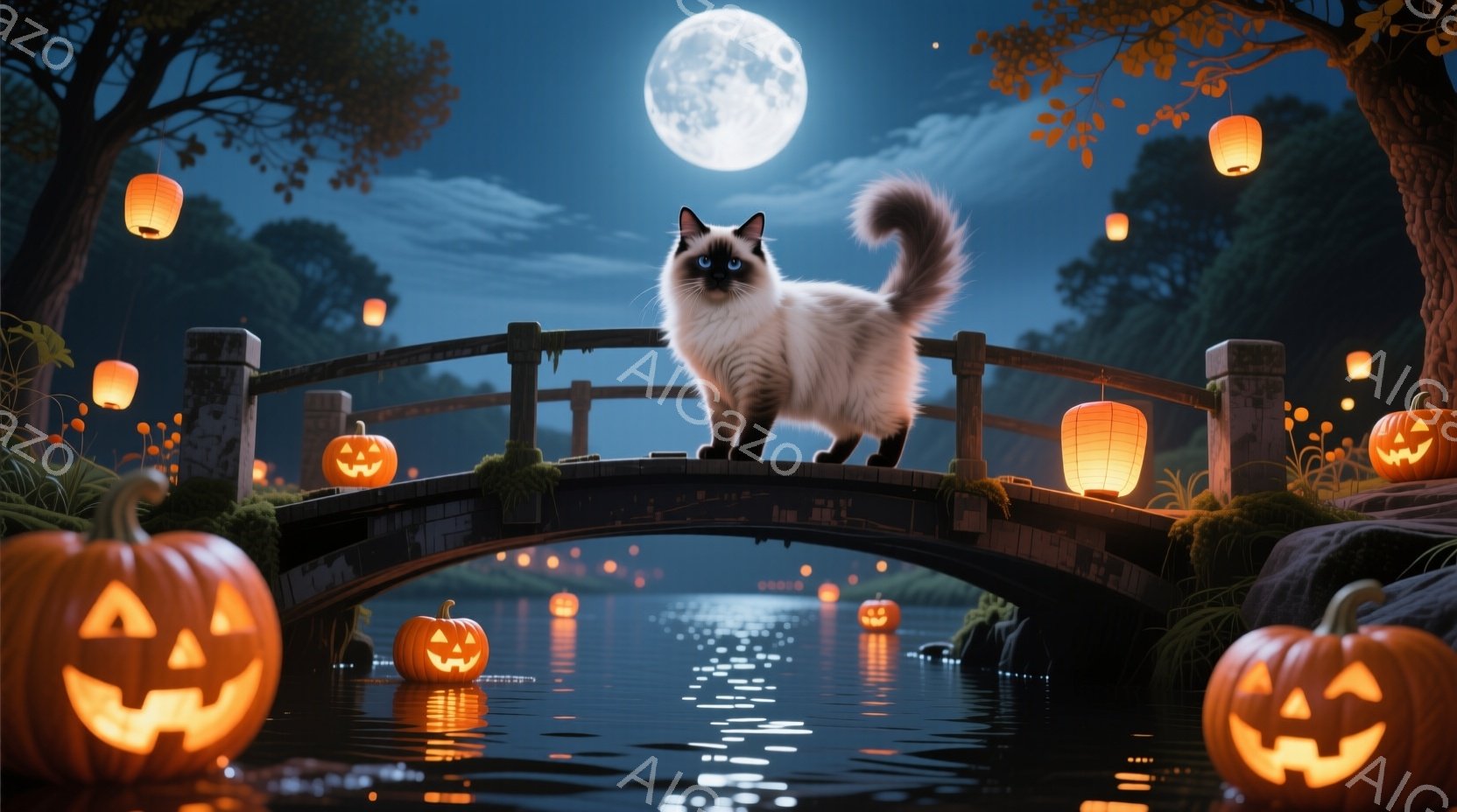満月の夜、石橋の上にクリーム色の長毛の猫が立っている。橋の周りや水面には、さまざまな大きさのジャック・オー・ランタンが浮かび、オレンジ色の光で幻想的な雰囲気を醸し出している。背景には木々が生い茂り、水 - AI生成フリー素材