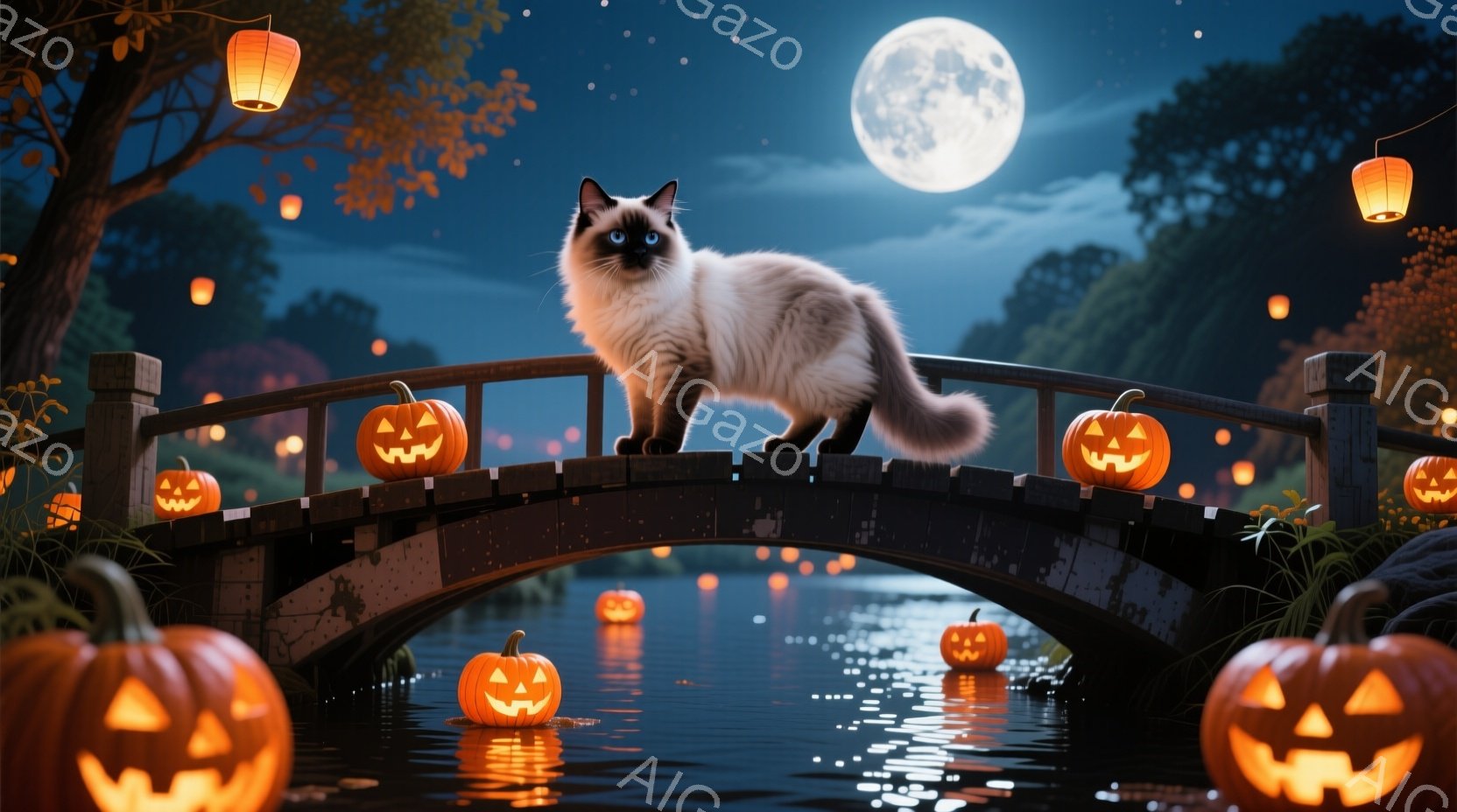 満月の夜、小さなアーチ橋の上に、ふわふわのクリーム色の猫が立っている。橋の上や水面には、さまざまな大きさのジャック・オ・ランタンが浮かび、ハロウィーンの雰囲気を醸し出している。背景には暗い木々が広がり、水面に映る光が幻想的な光景を作り出している。