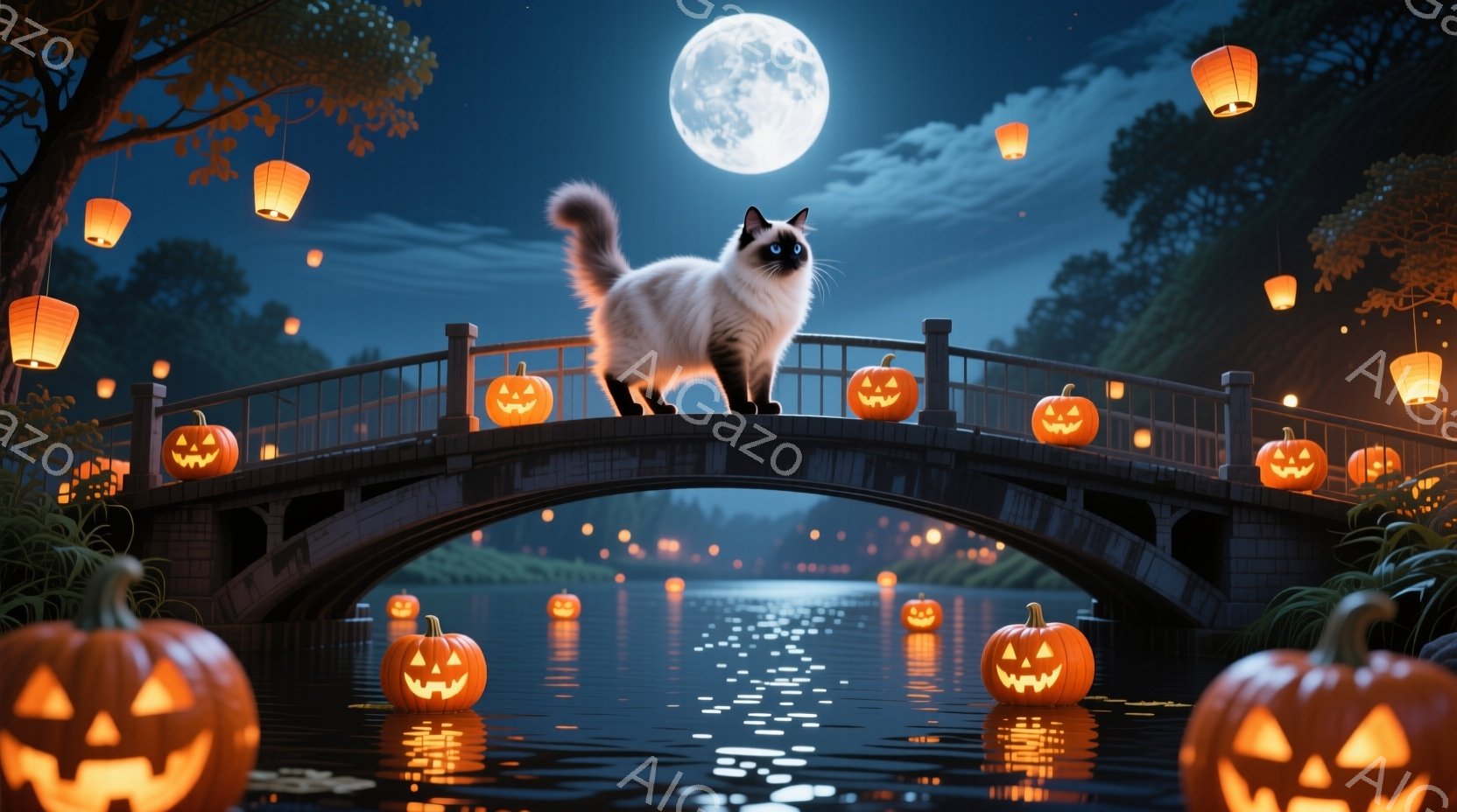 満月の夜、石橋の上に白と茶色の猫が凛々と立っている。橋の欄干や水面には、様々な大きさのジャック・オ・ランタンが浮かび、幻想的な光を放っている。背景には木々が見え、水面に映る月と光が、ハロウィーンの夜の - AI生成フリー素材