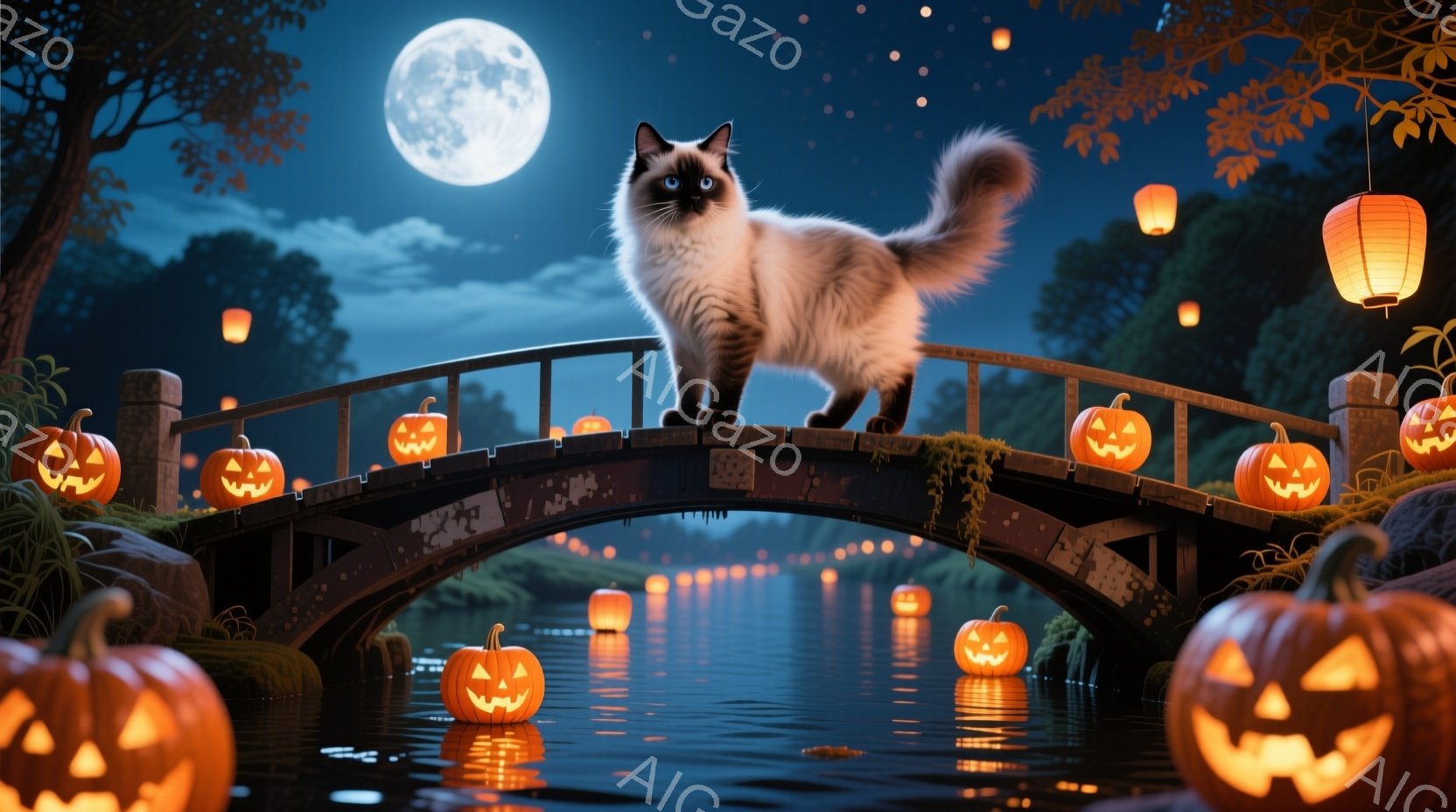 満月が輝く夜、橋の上に白い猫が凛々と立っている。橋の欄干には様々な大きさのジャック・オー・ランタンが並び、水面には無数の小さな光が揺らめいている。夜空と水面に映る光、そして猫の白い毛並みが幻想的な雰囲気を醸し出している。