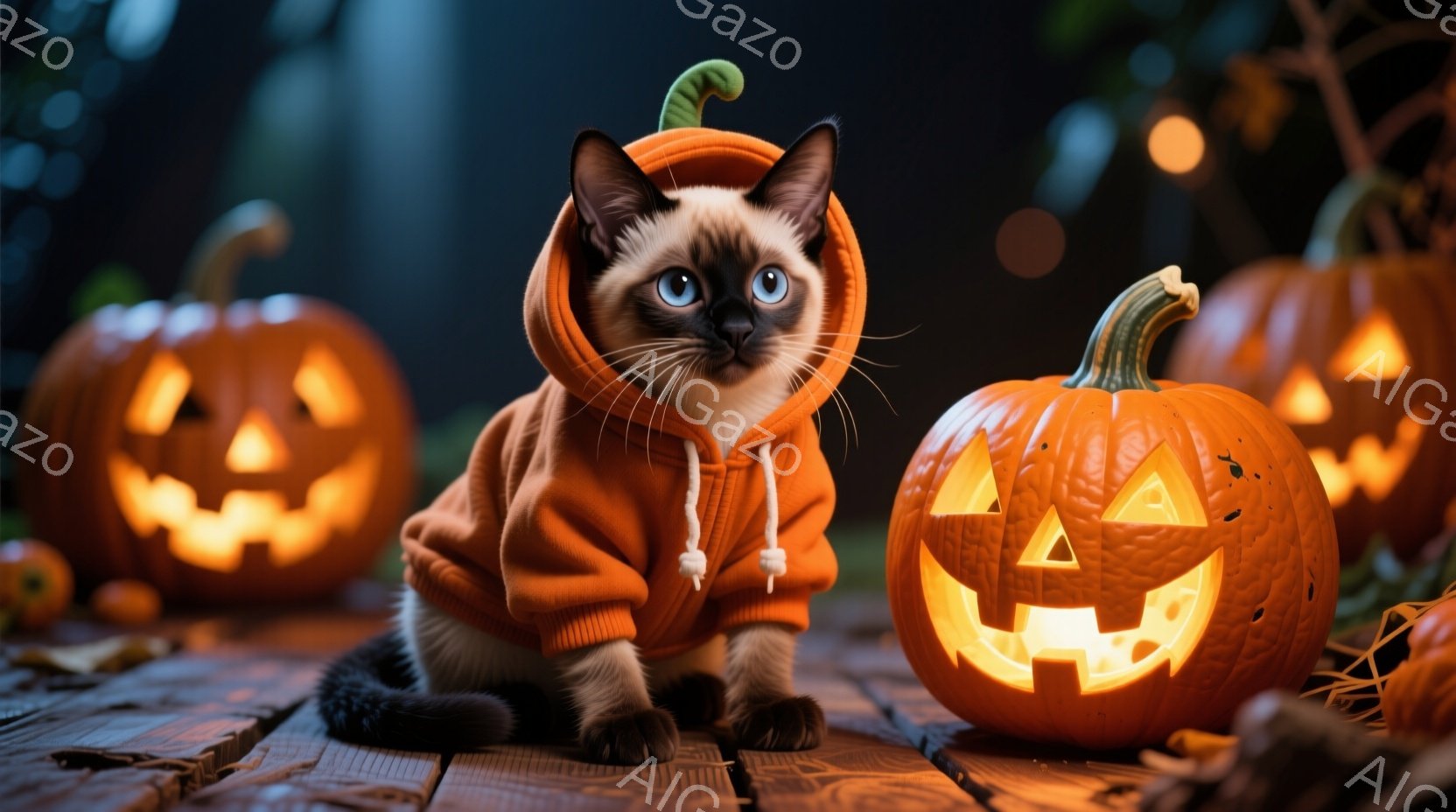 トラ柄の猫がハロウィーン風のオレンジ色のパーカーを着て、正面をまっすぐ見ています。背景には、様々な大きさのジャック・オー・ランタンが並び、木製の床に置かれています。全体的に暖かく、ハロウィーンらしい雰 - AI生成フリー素材