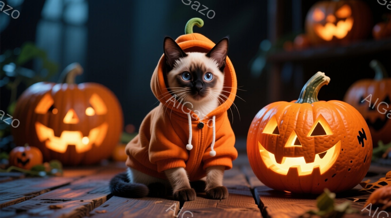 茶色の毛並みを持つ子猫が、ハロウィーンカボチャを模したオレンジ色のパーカーを着ています。子猫は前足を揃えて座り、青い瞳でカメラを見つめています。背景には、様々な大きさのジャック・オ・ランタンが置かれ、木製のテーブルの上で、少し落ち葉も散らばり、全体的にハロウィーンの温かく幻想的な雰囲気を醸し出しています。