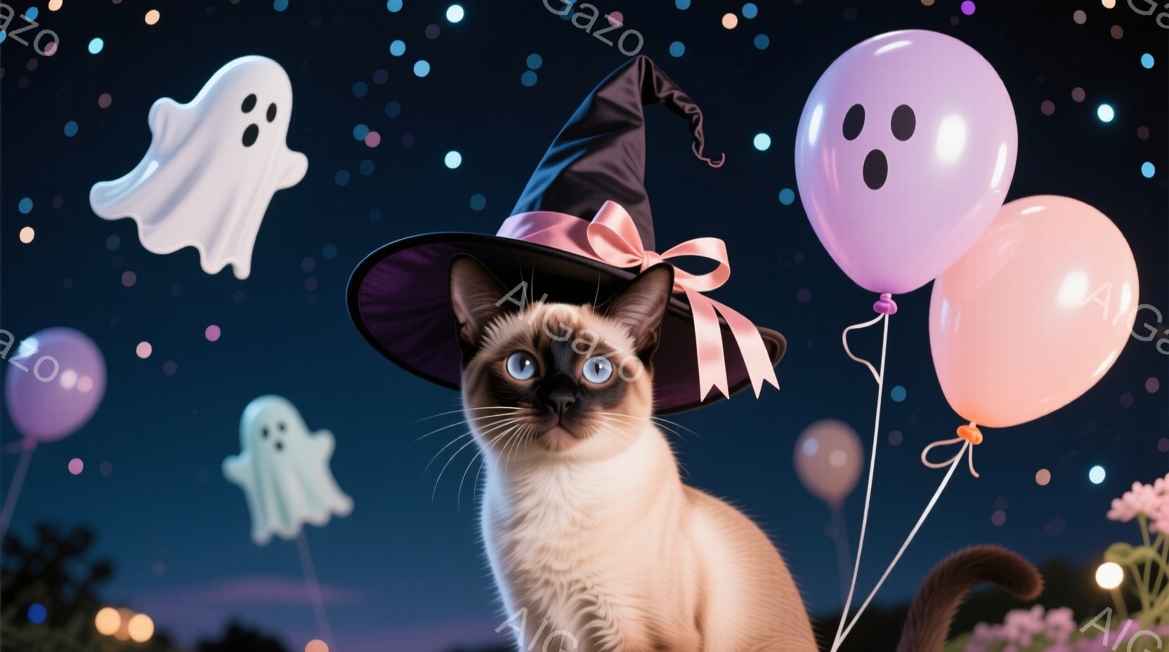 シーマ猫が魔女帽子をかぶり、楽しげな表情でこちらを見ている。背景には、ハロウィーンを連想させる幽霊のような形をした風船や、ぼんやりとした植物と街灯が見え、夜空には星が輝いている。全体的に、お祝いムードにあふれた、かわいらしいハロウィーンの雰囲気である。